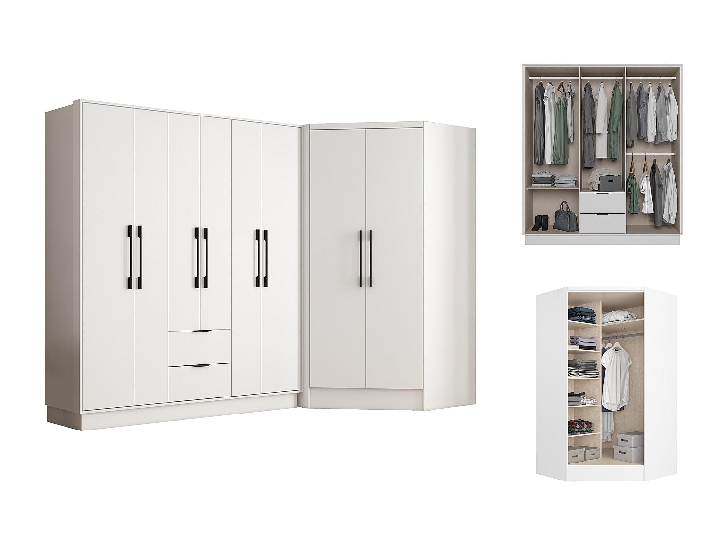 Vente-unique - Armadio angolare 8 ante e 2 cassetti L263 cm Bianco - FEOVA
