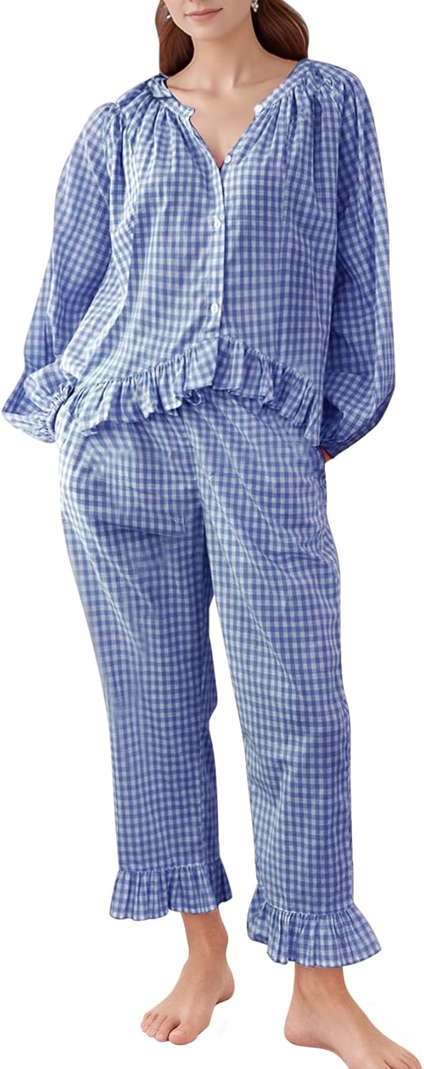 COZYPOIN Womens Plaid 2 Piece Pajamas Sets Cotton Gingham Puff Long Sleeve Cute Shirt Ruffle Pants Y2K Pjs Lounge Set