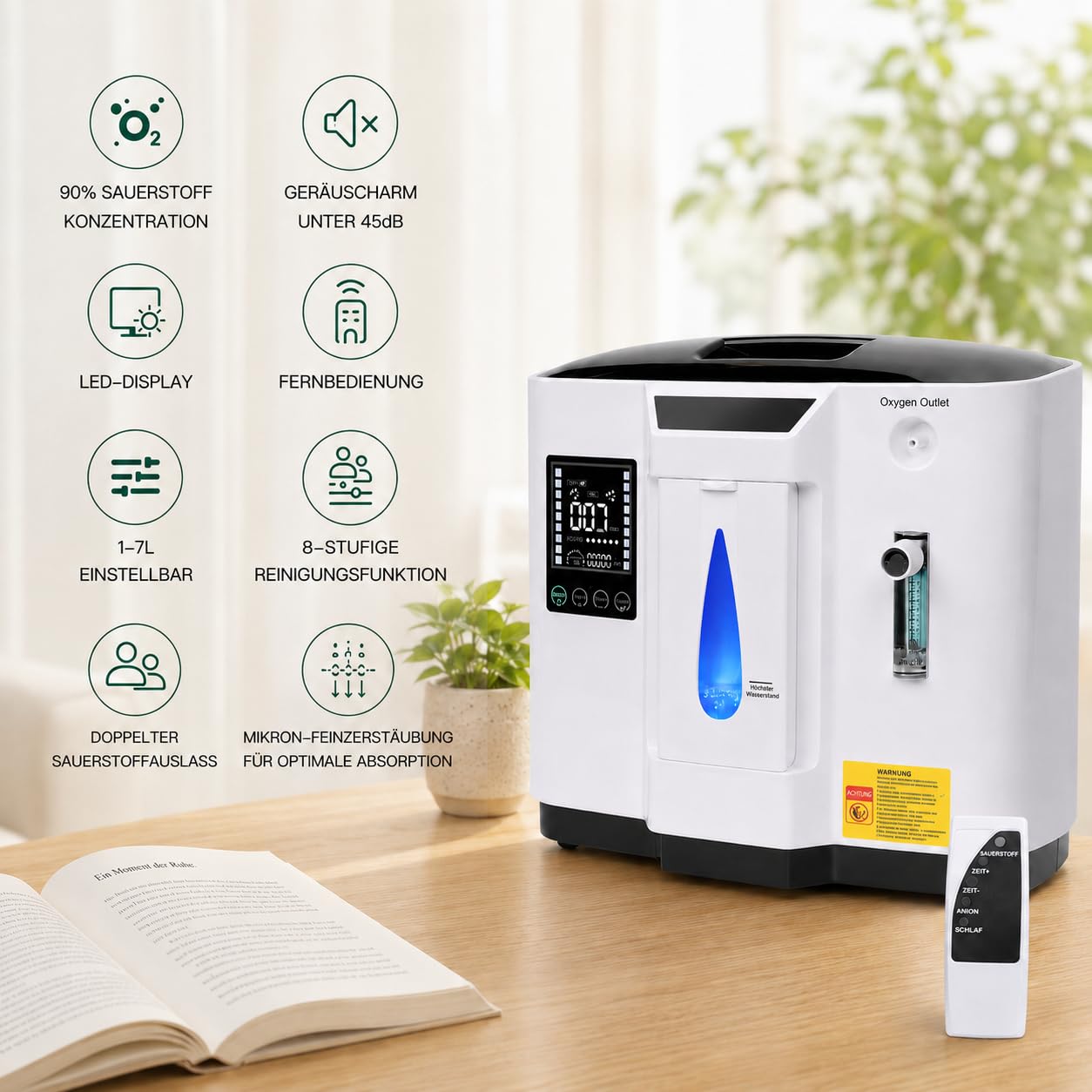 Sauerstoffkonzentrator, 1-7 L/min einstellbar, tragbares Gerät für Zuhause und Reise, 30-93% Sauerstoffkonzentration, Touch-Display, Timer, Fernbedienung, Negativ-Ionen-Modus