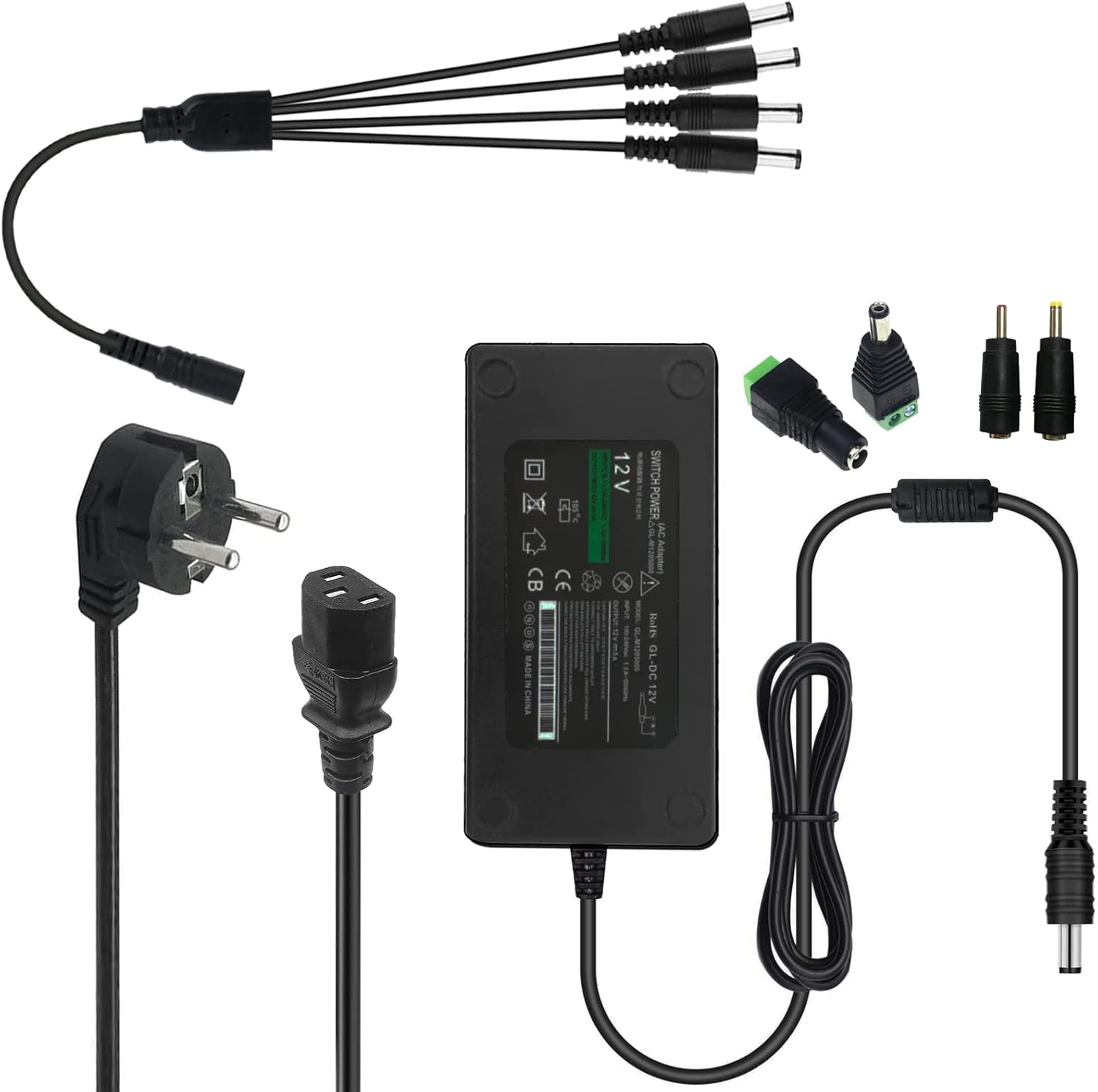 WiTi Adaptador Corriente DC 12V 5A 60W 5,5x2,1mm Salida,Fuente Alimentación Enchufe EU AC100-240V 50/60Hz Entrada,Cable Alimentación Conmutación AC DC Monitor LCD Tira LED Cámaras CCTV Sistema DVR NVR