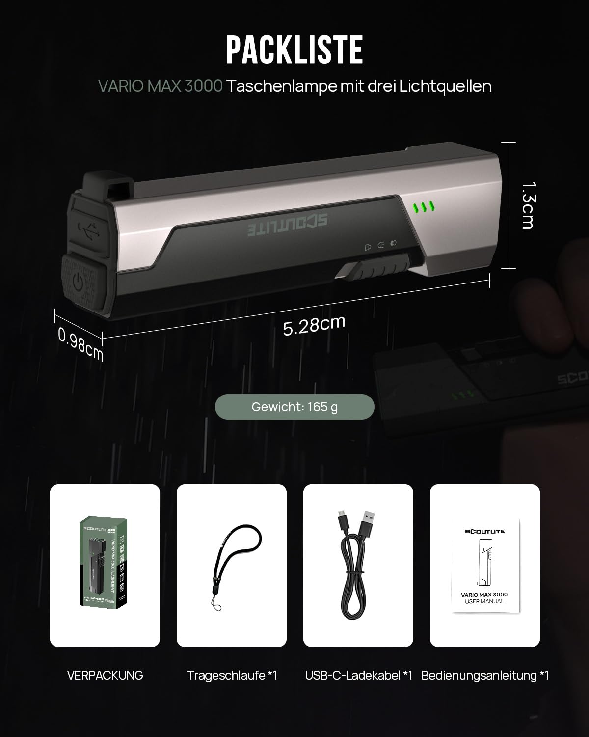 SCOUTLITE Vario MAX3000 LM Handtaschenlampe, wiederaufladbare LED-Taschenlampe mit weißem, rotem und bernsteinfarbenem Licht, wasserdicht IPX6, taktisch, flach für Camping, Outdoor und Notfallarbeiten
