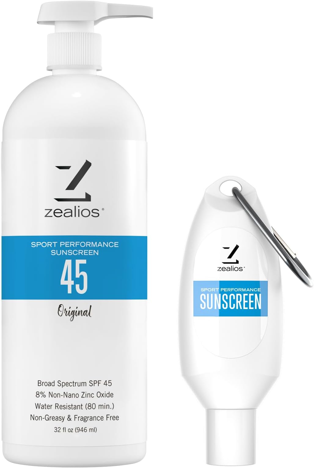 Zealios Sport Performance Original SPF 45 Hybrid Sunscreen 32 oz Bottle Plus Travel Bottle - Broad Spectrum, Water & Sweat Resistant (80 min) 8% Non-Nano Zinc Oxide for Swimming, Running & Cycling