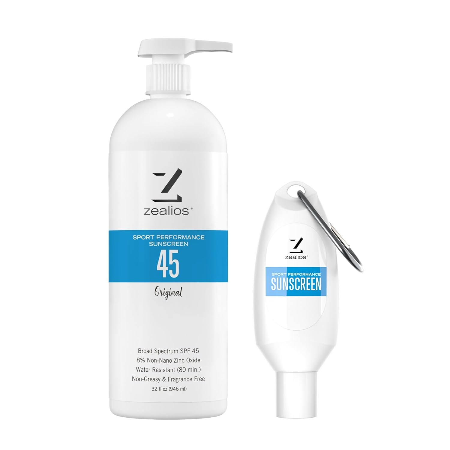 Zealios Sport Performance Original SPF 45 Hybrid Sunscreen 32 oz Bottle Plus Travel Bottle - Broad Spectrum, Water & Sweat Resistant (80 min) 8% Non-Nano Zinc Oxide for Swimming, Running & Cycling