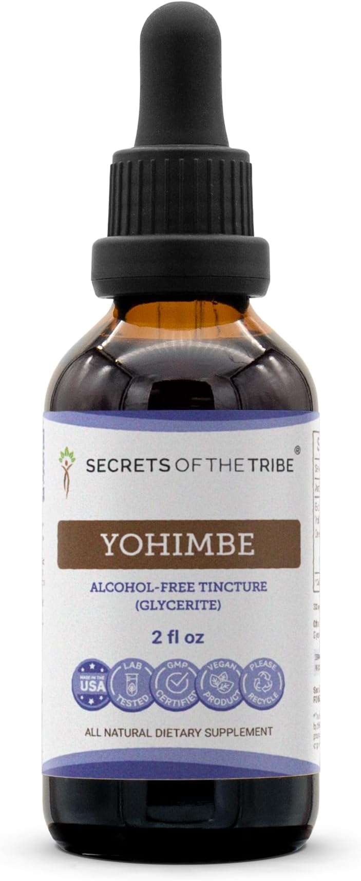 Secrets of the Tribe Yohimbe Alcohol-Free Liquid Extract, Wildcrafted Pausinystalia yohimbe Dried Bark Tincture Supplement (2 FL OZ)