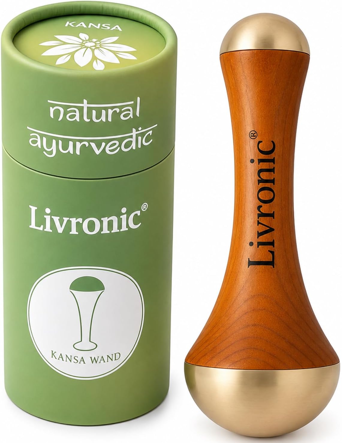Livronicยฎ Face Acupoint Kansa Wand 2-in-1 Natural | Bronze Face, Body & Foot Massager | Teak Wood Handle | Detoxification, De-Puffing & Deep Relaxation (Both Side Kansa Vatki)