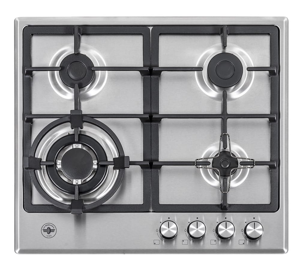 La Germania P604LLAGXV - Placa de cocción a gas de 60 cm de acero inoxidable, 4 fuegos, 1 wok de 4 kW, parrillas de hierro fundido, mandos con perillas, encendido One Hand