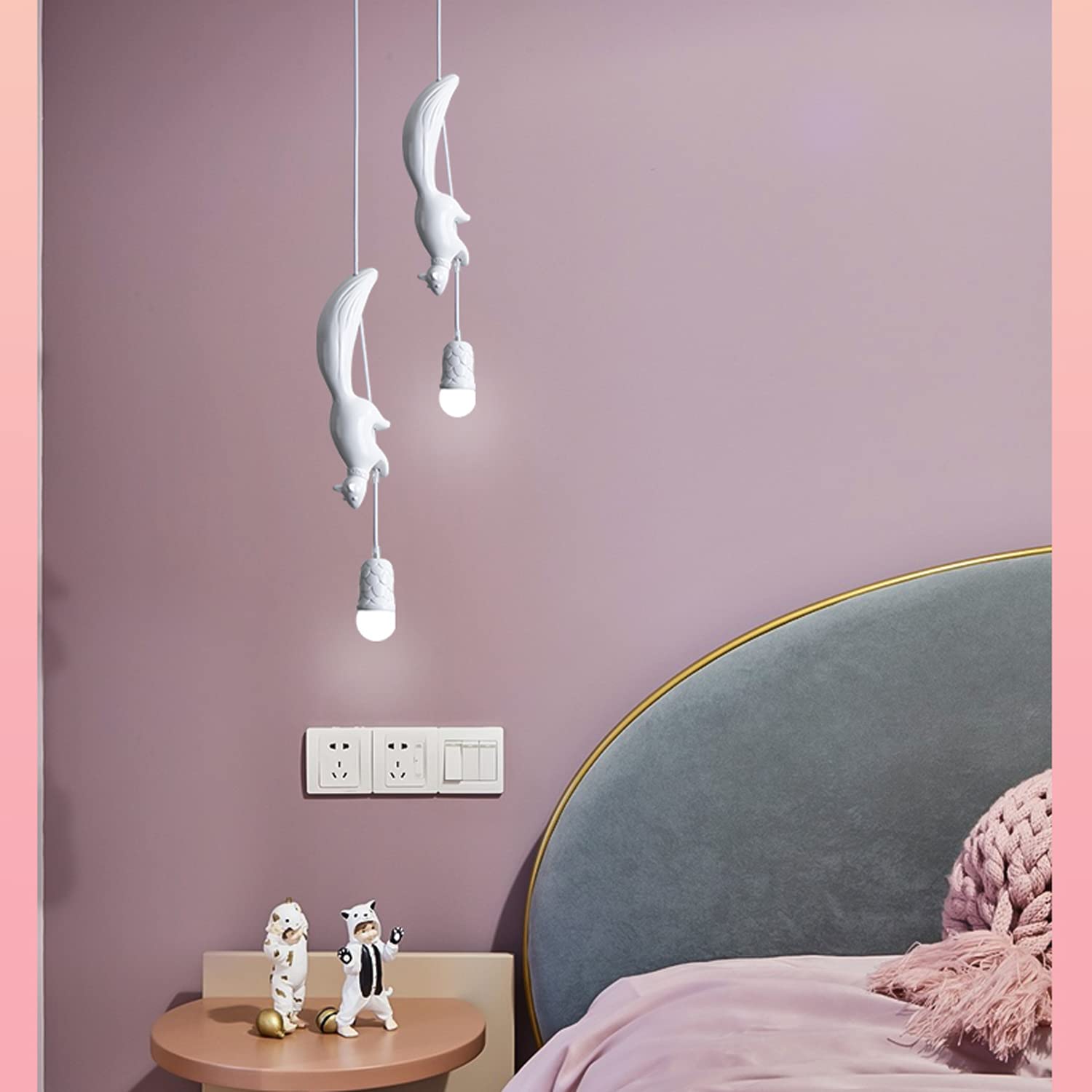 Nordycka lampka nocna do sypialni dla chłopców i dziewcząt, kreskówkowy wzór, urocza, wiewiórka, kreatywna lampa wisząca, mała, regulowana trójkolorowa lampa do pokoju dziecięcego