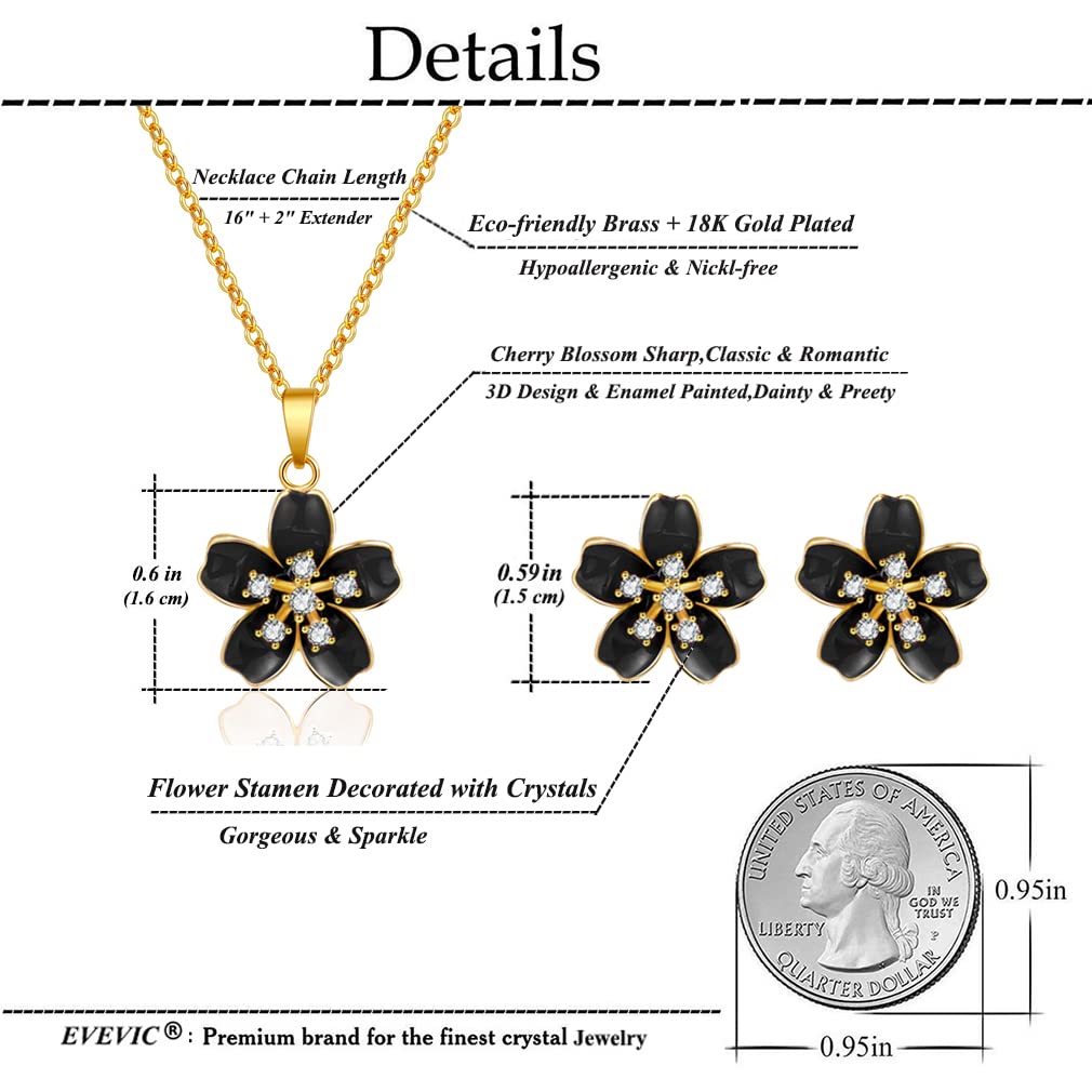EVEVIC Cherry Blossom Flower Necklace Earrings Set for Women 18K Gold Plated Hypoallergenic Jewelry Sets (Black) - Image 4