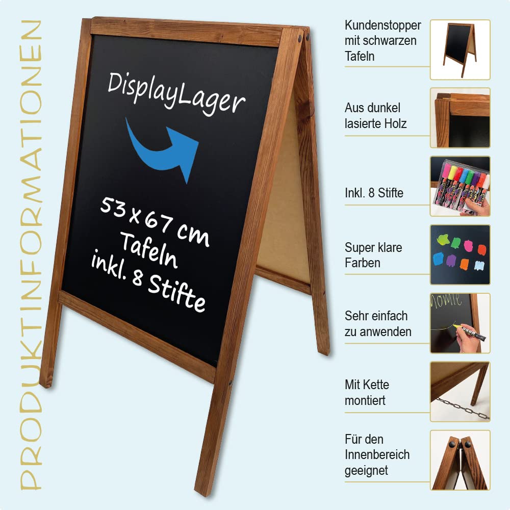 DisplayLager - Pizarra de tiza para clientes, 60 x 100, madera teñida, incluye 8 lápices de tiza de colores