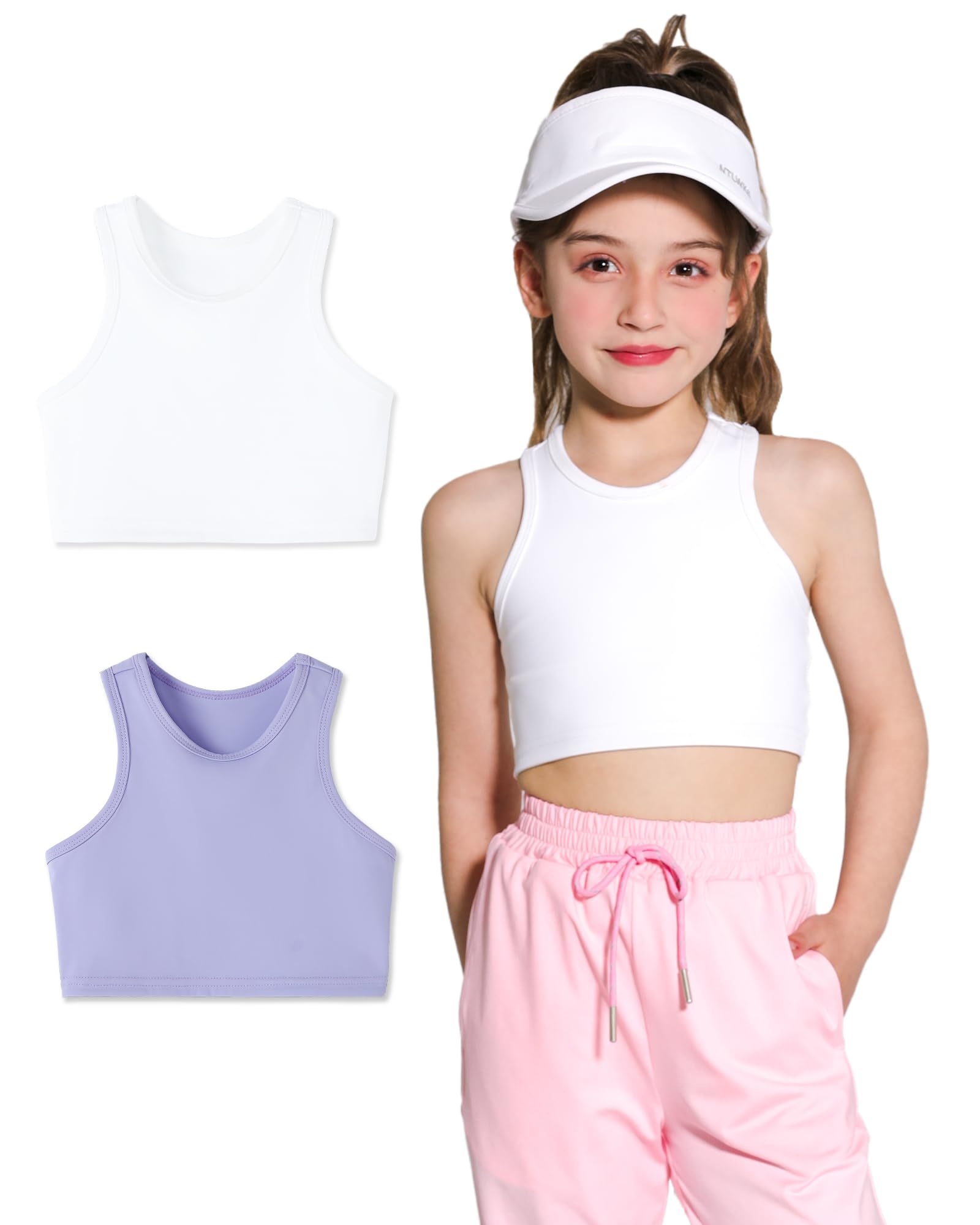 Girls Sports Bra Racerback Crop Tank Top for Kids High Neck Sleeveless Athletic Dance Top Teen 3-12Y
