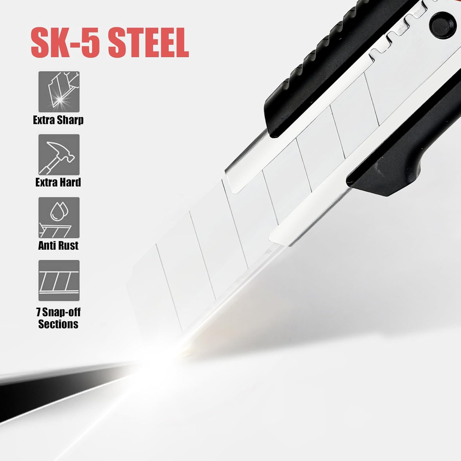 Utility Knife Box Cutter Retractable, 18mm Box Cutter Retractable Heavy Duty with 6-Piece SK5 Blade, Quick Change Extra Blades for Cartons, Cardboard and Boxes Cutter Knife(2 Pack)