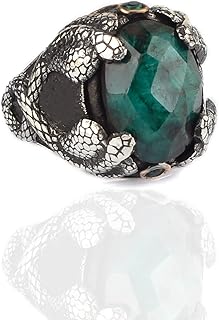 Emerald Stone Men Silver Ring, 925 Sterling Silver Snake Ring, Handmade Engraved Turkish Silver Ring with Natural Emerald Stone