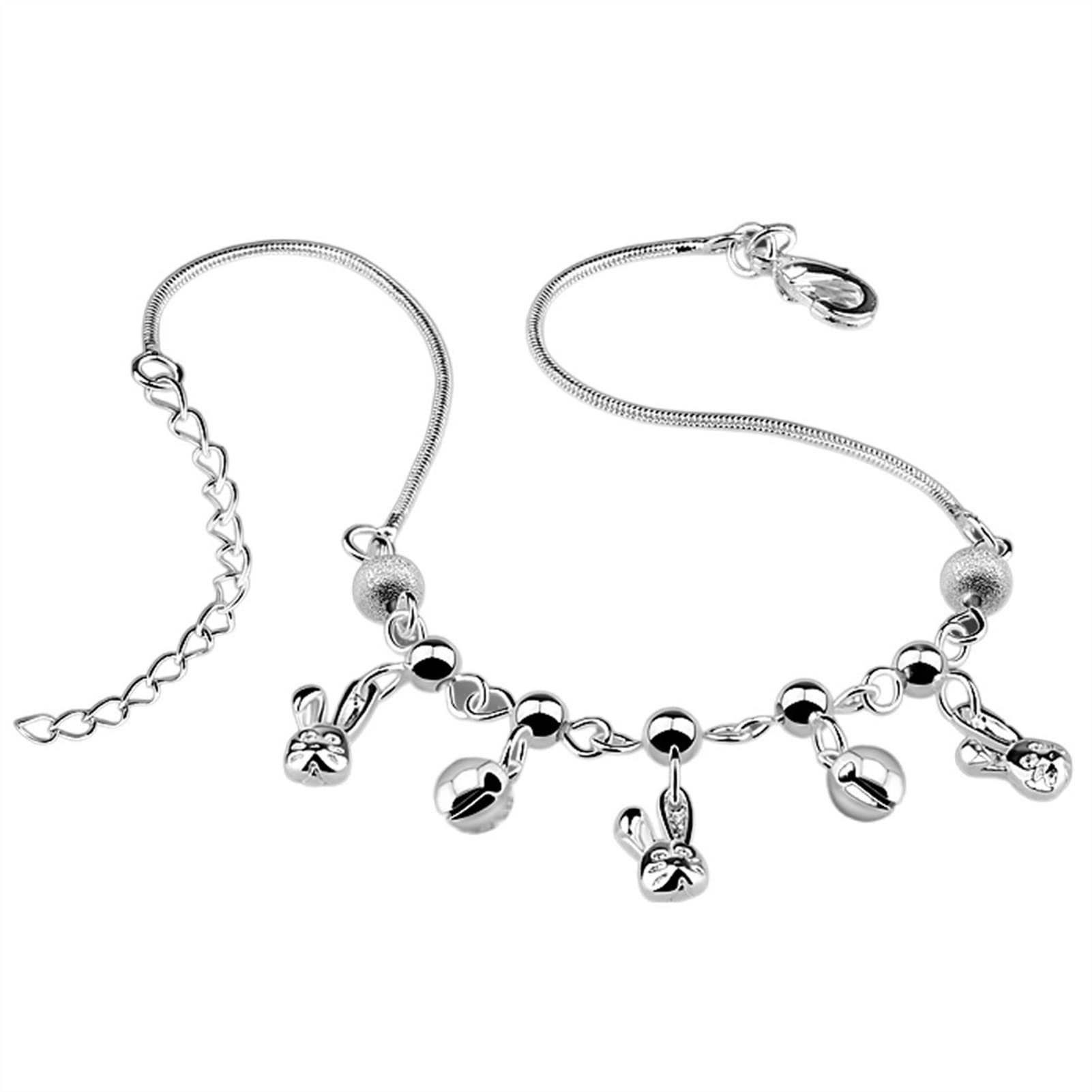 Tobilleras Tobillera de Plata de Ley 925 para mujer, joyería para pie con campana de conejito, sandalias descalzas para playa y verano, tobilleras para mujer