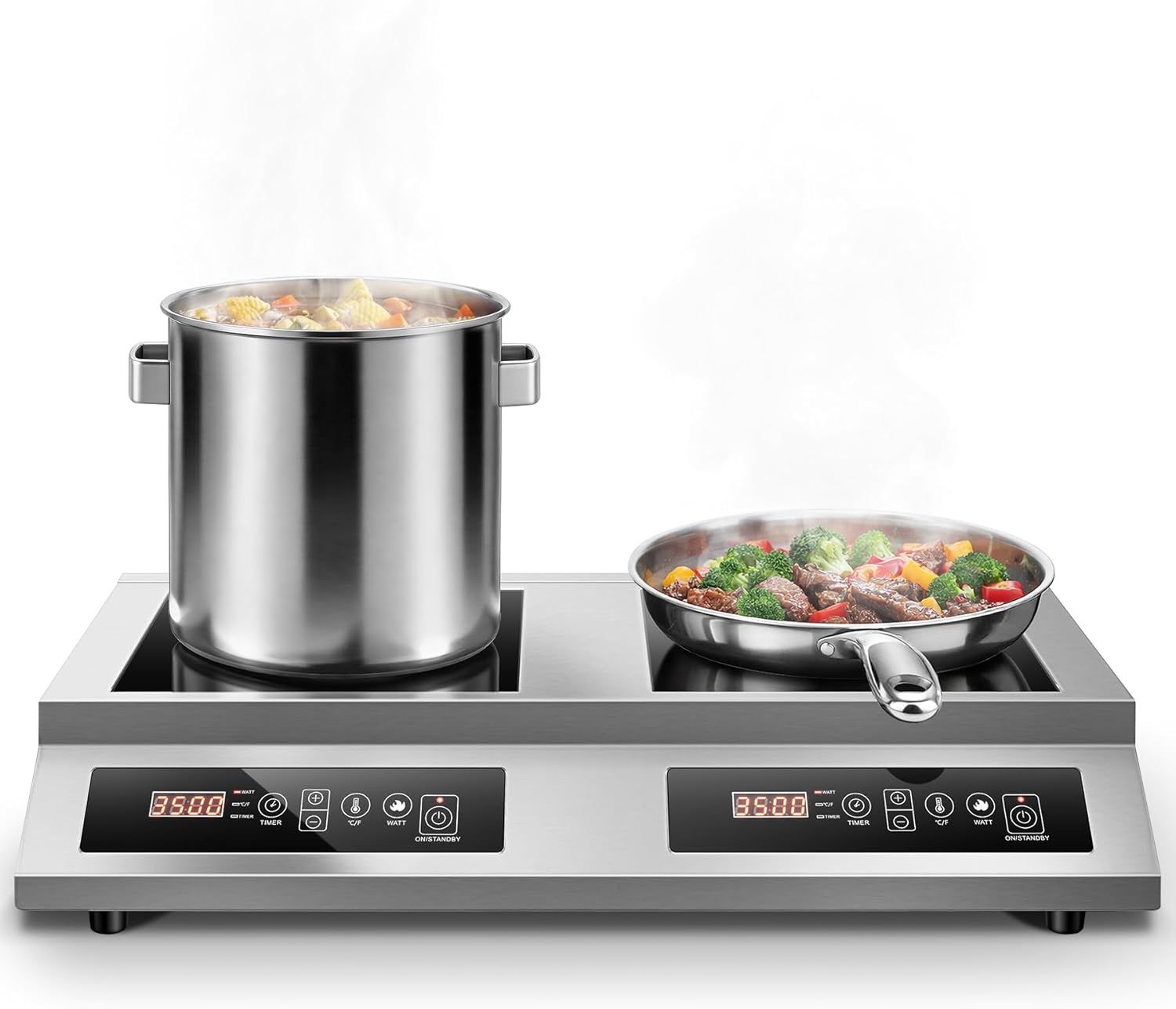Commercial Double Induction Cooktop 7000W, Dual Burner Countertop Stove with 10 Temperature & Power Levels, 4-Hour Timer,100% Copper Coil, Fit All Cookware for Home Kitchen Restaurant Catering
