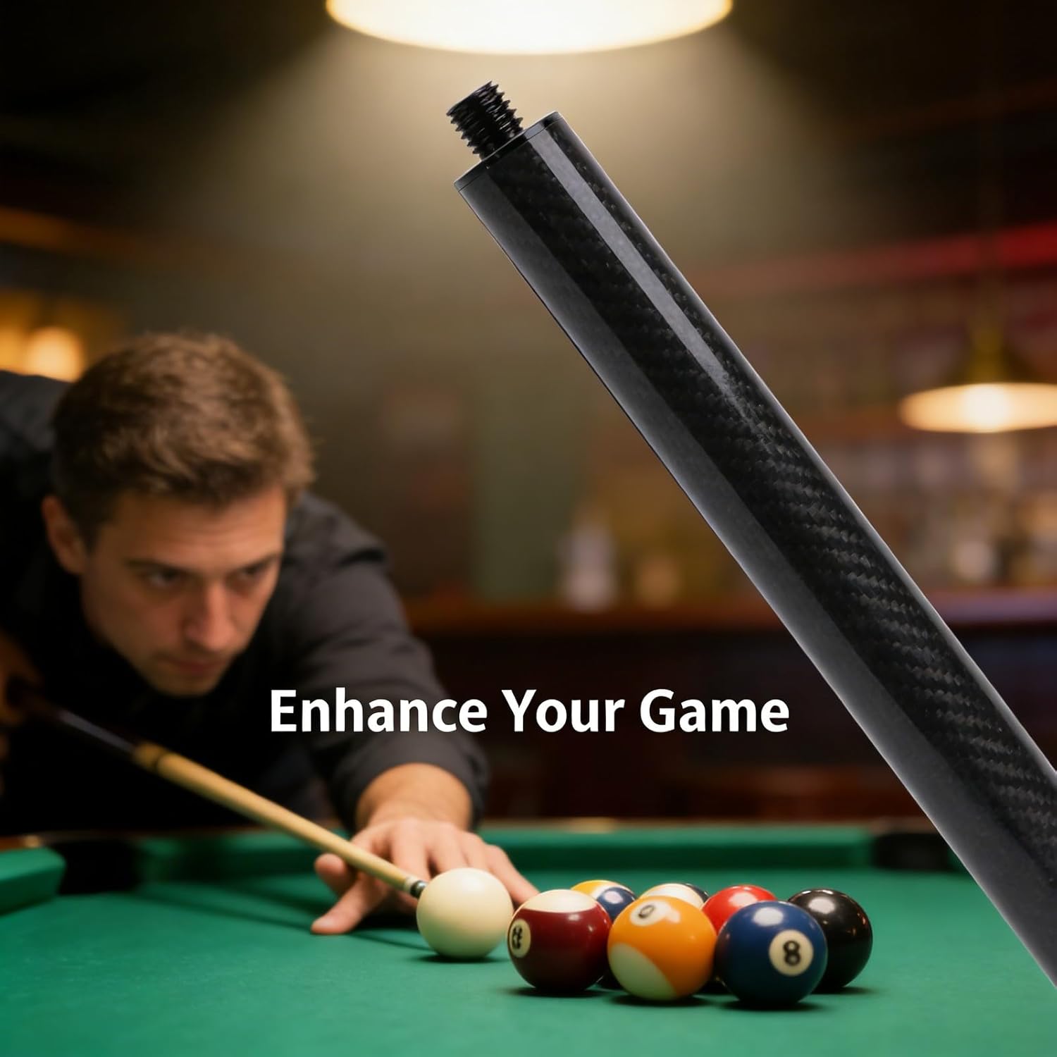Pool Cue Extension Stick, 10 Inch Carbon Fiber Billiard Cue Extender, Black - Enhances Stability, Quick Installation, Ideal for Adults and Recreational Use