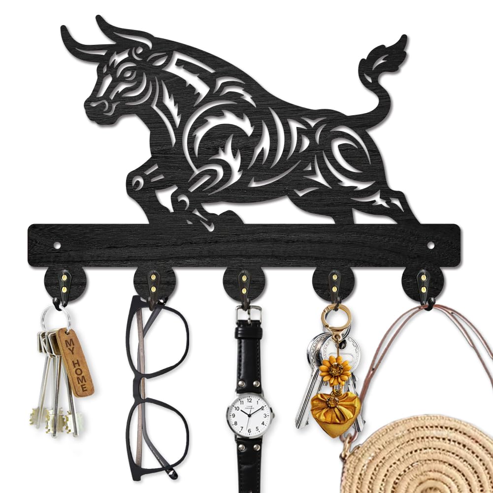 Photo 1 of MAYJOYDIY Bullfighting Wood Key Holder for Wall Bull Muscle Wall Mounted Key Hooks 11.8×7.8inch Black Coat Hanger Rack with 5 Alloy Hooks for Entryway Front Door Kitchen Office Decor