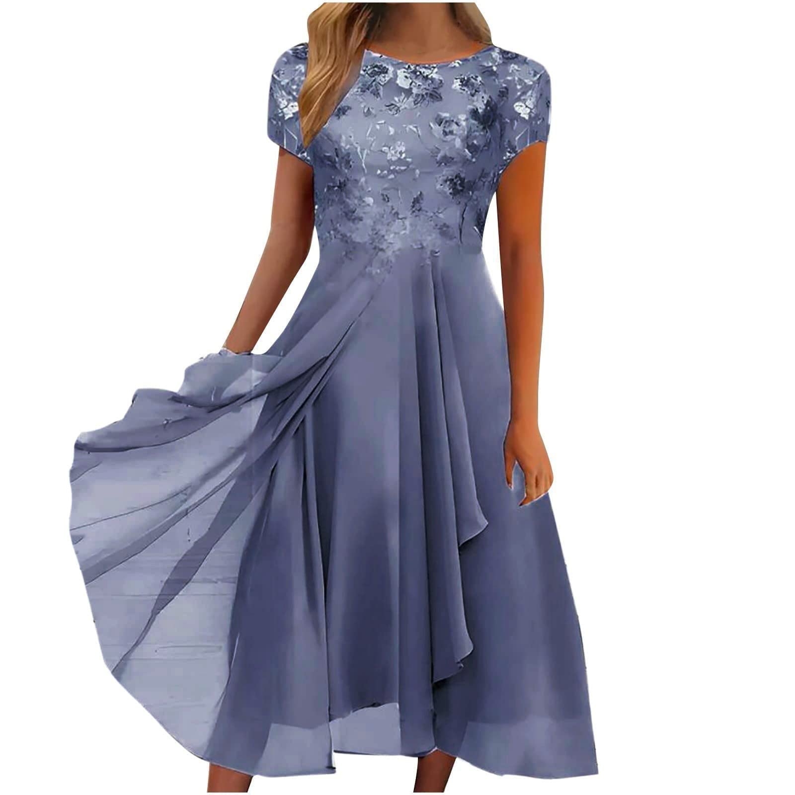 Vestido largo de gasa para mujer, vestido largo de flores, ligero y aireado, vestido de playa, cintura alta, manga corta, vestido envolvente, línea A, vestido largo fluido, vestido de cóctel, elegante
