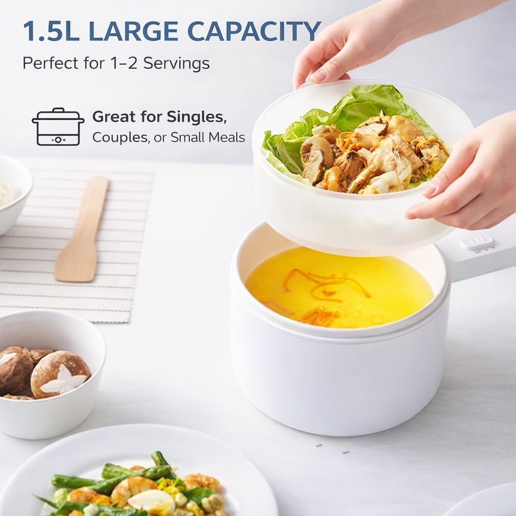 Electric Hot Pot 1.5L Mini Cooker with Steamer, Portable Ramen Cooker Multi-Function Cooking Pot for Dorm, Small Kitchen, Soup, Noodles, Rice