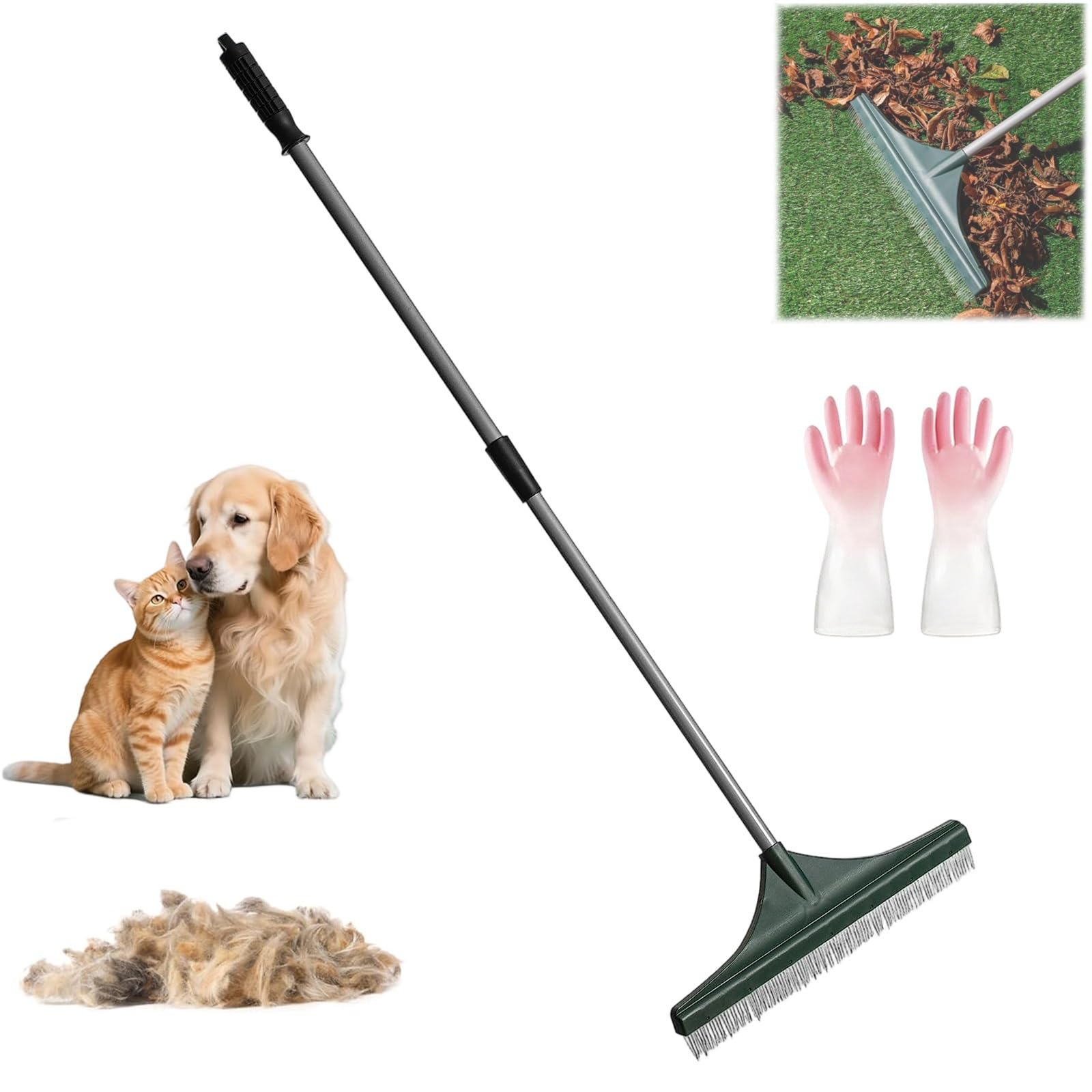 Rastrillo Multiusos for césped y alfombras, rastrillo de césped Artificial Ajustable 2 en 1 con Mango ergonómico, Cepillo de jardín Artificial for Eliminar escombros, Hojas y Pelo de Mascotas(1PC)