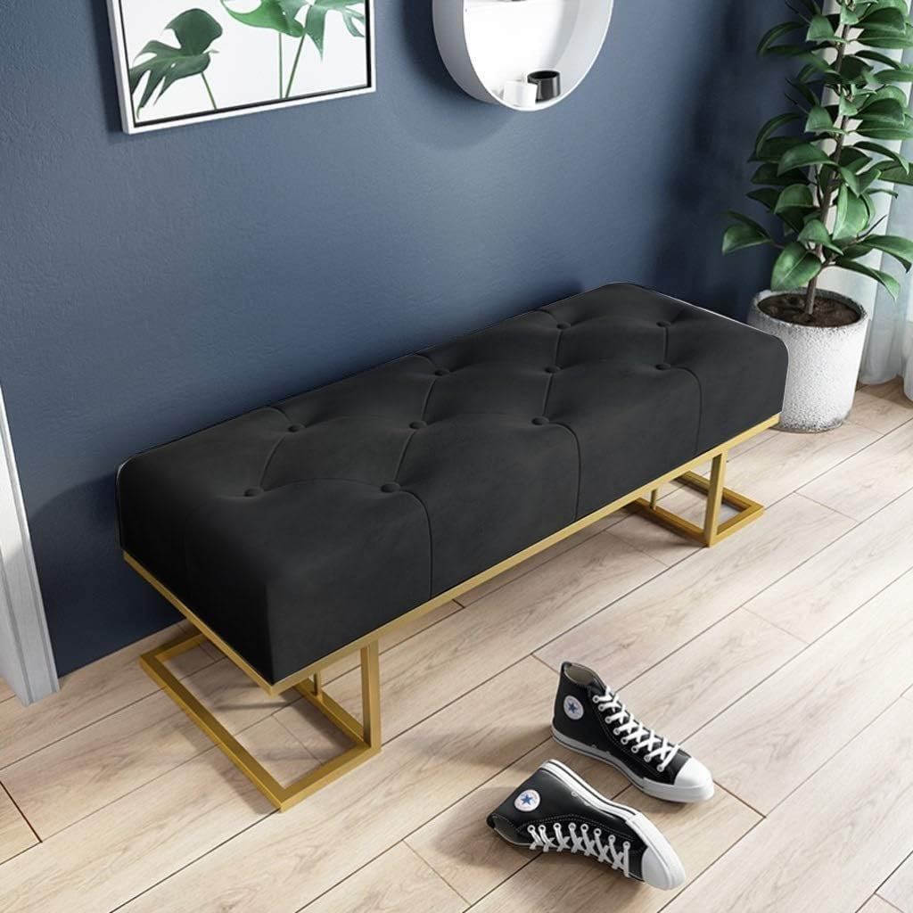 Alenz Craft: Creative Wear Upper Cushion seat Resistant Shoe Changing Stool, Rectangular Bed Side Sofa Golden Bench with Velvet Upholstery and Metal Frame for Living Room, Bedroom etc. (Black)