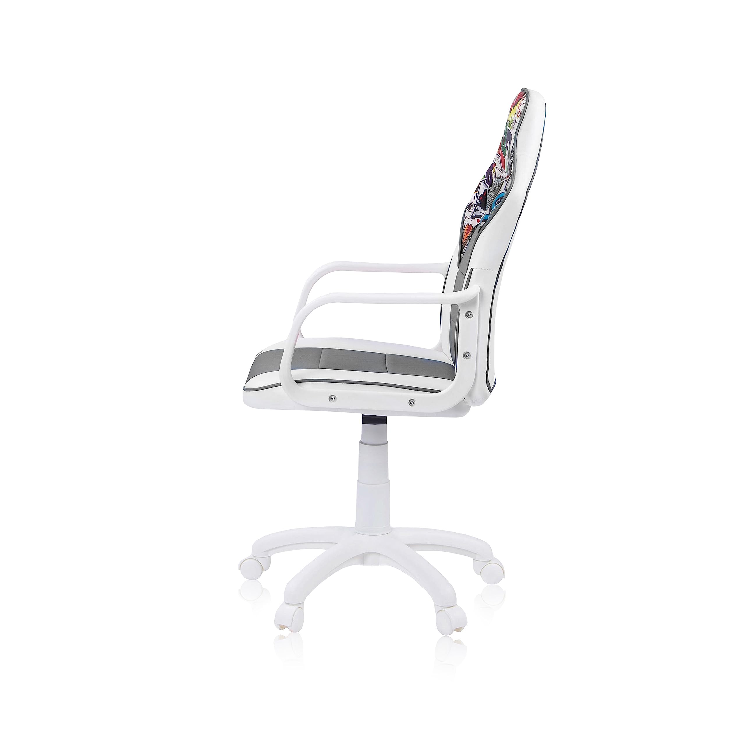 duehome | DRW Sticker, Silla Gamer, Silla de Oficina Gaming Estudio o Escritorio, Acabado en Símil Piel Blanco, Gris y Sticker, Medidas: 46,5 cm (Ancho) x 46 cm (Largo) x 98-109,5 cm (Alto)