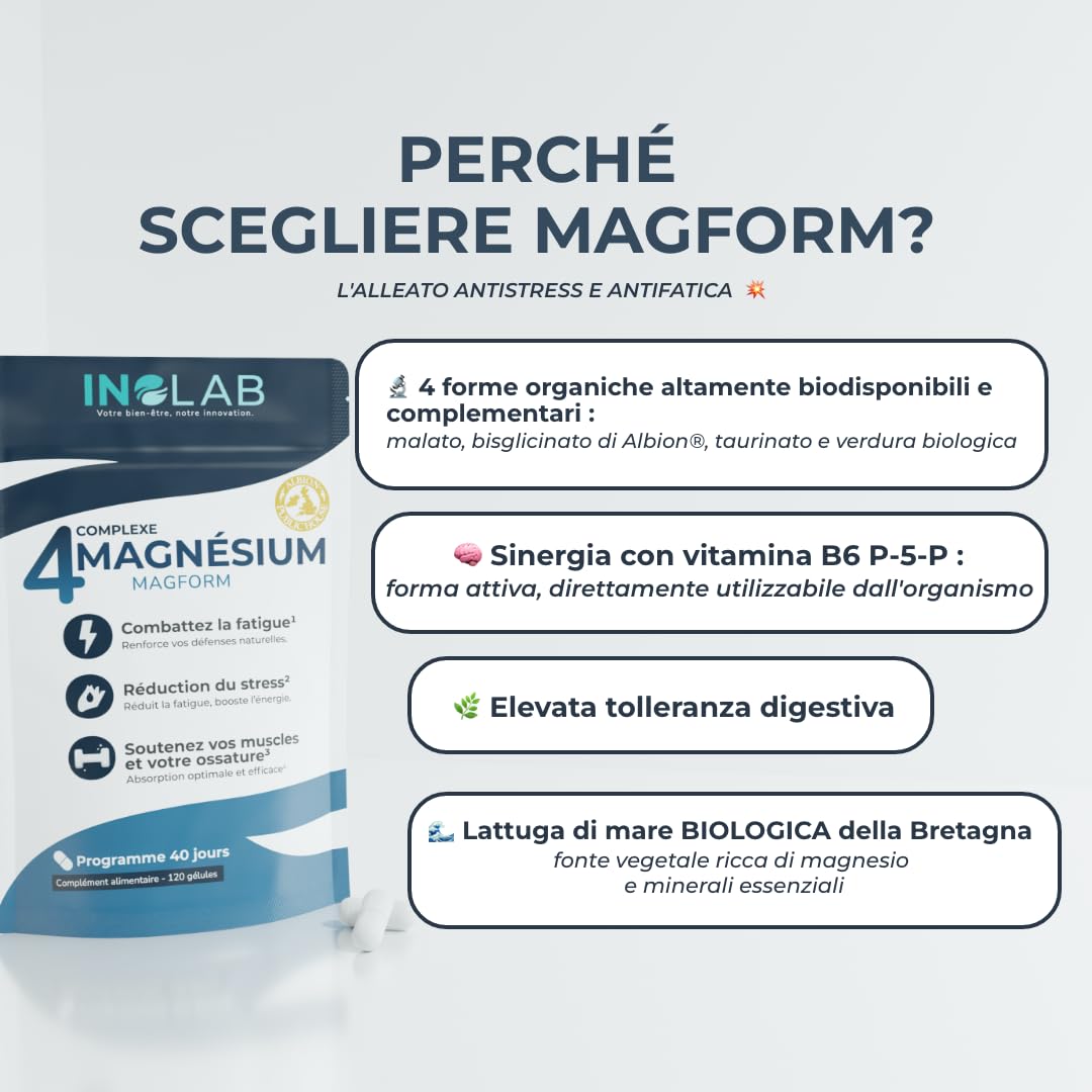 INOLAB Magnesio Completo 1980mg + B6 | 4 Forme Sinergiche: Magnesio Bisglicinato, Malato, Vegetale, Taurina Chelata | Alta Assimilazione e Tolleranza | 120 Capsule Senza Magnesio Marino