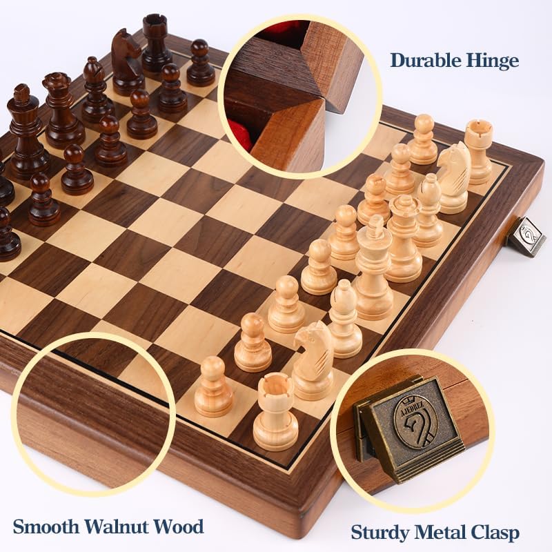 Miniatura 2 de Juego de tablero de ajedrez magnético de nogal de 15 pulgadas para adultos y niños, juego de ajedrez de viaje portátil plegable para torneos
