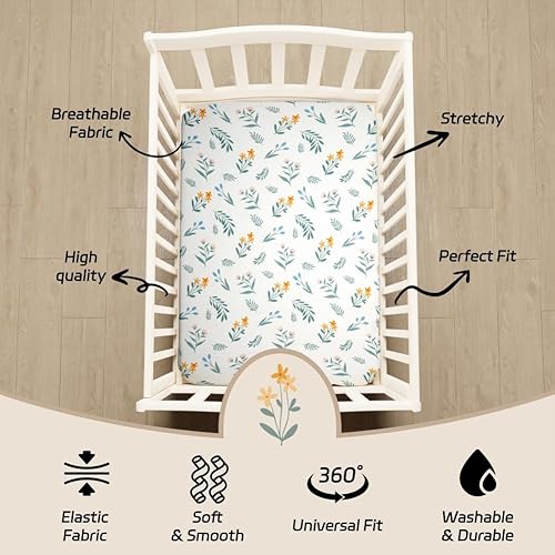 Miniatura 5 de Paquete de 4 sábanas bajeras de color verde salvia, transpirables, neutrales, unisex, para niños o niñas, con diseño de hojas y flores, sábanas para