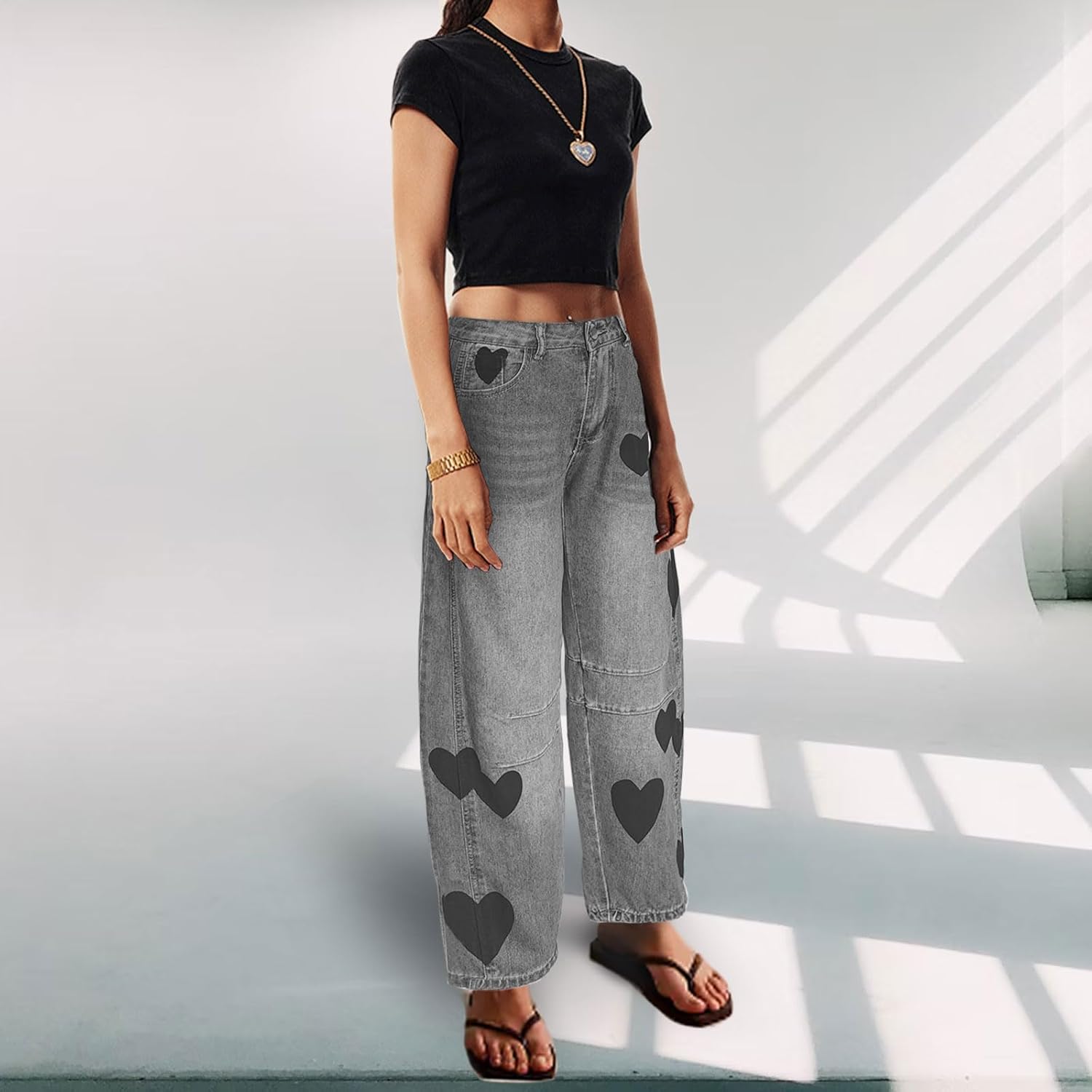 Barrel Jeans for Women Mid Rise Heart Printed Denim Ankle Pants Vintage Baggy Boyfriend Jeans - Image 3