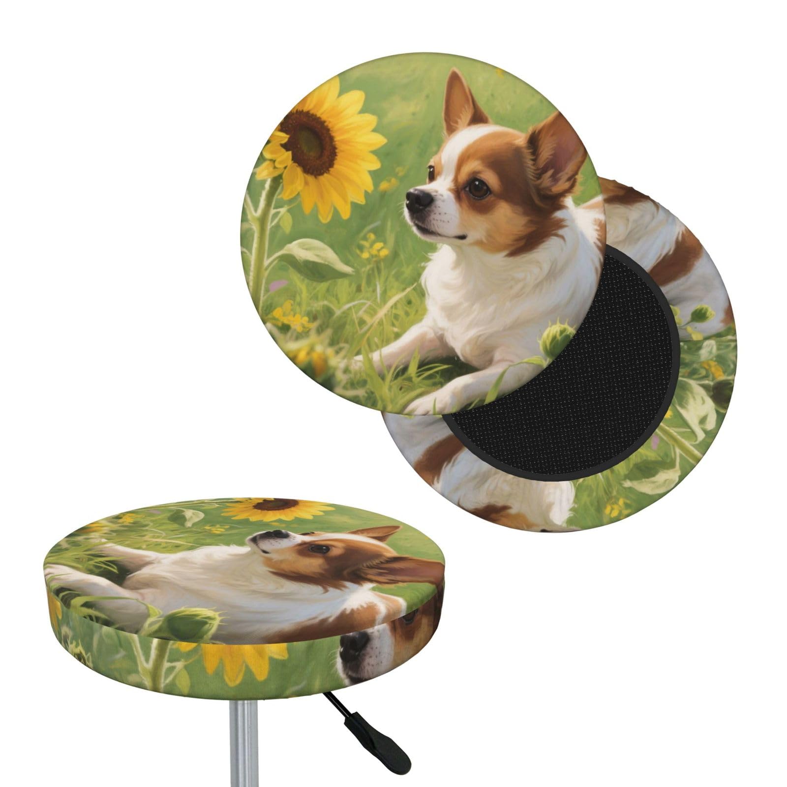 FekiLoot Chihuahua Dog Sunflowers Round Bar Stool Covers Stretch Washable Bar Stool Covers Dustproof Slipcover Bar Chair Covers with Elastic Band for Bar Kitchen Living Room Decor 14 Inch