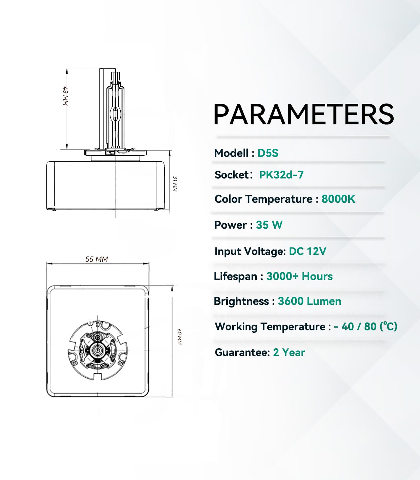 LTONXEN D5S Xenon 8000K Bombillas, 12V 35W Azul-Blanca para Automóviles Faros Delanteros Lámpara HID Kit de Reemplazo. (2 Piezas)