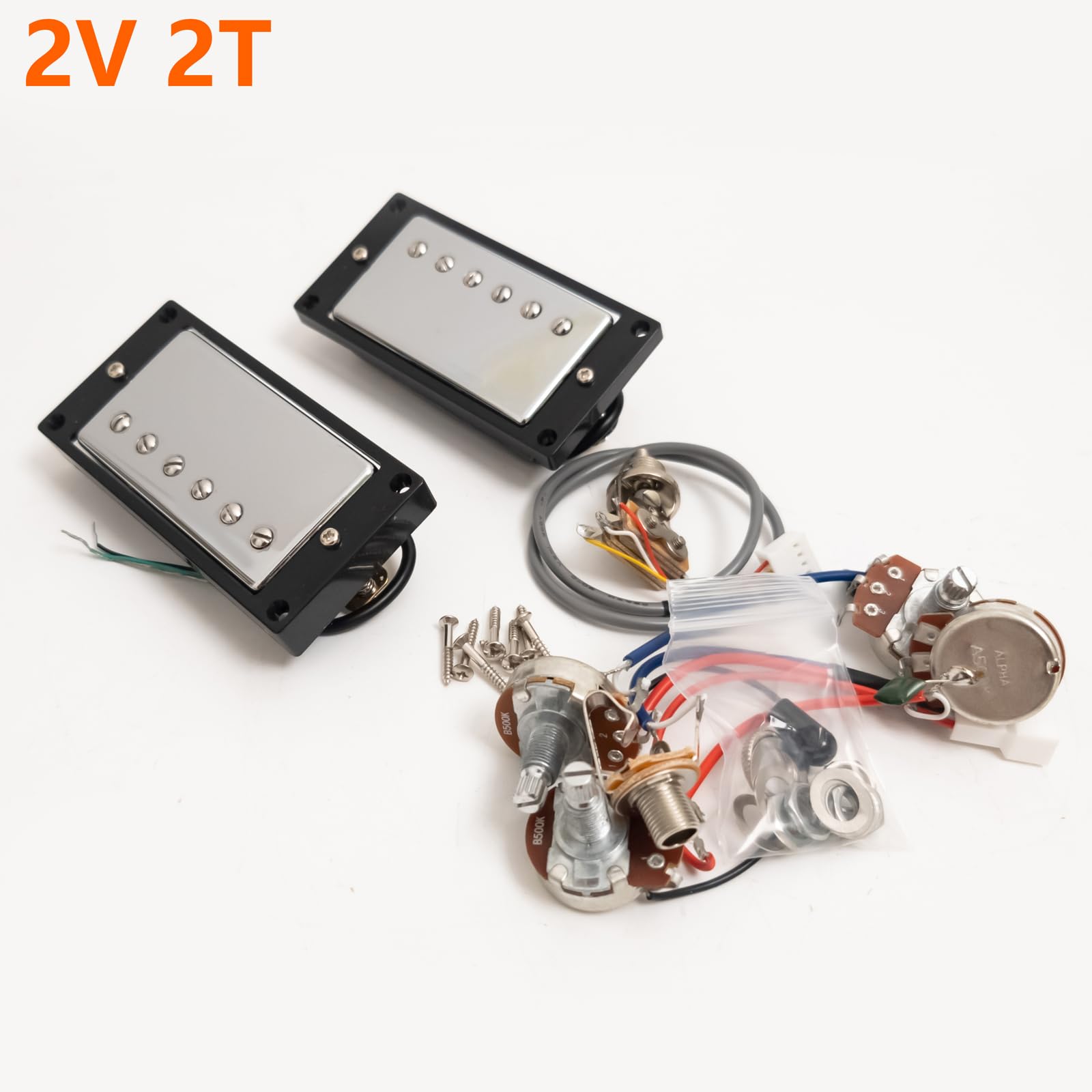 Gitarren-Humbucker-Tonabnehmer-Set mit 2V2T Kabelbaum-Set, kompatibel mit Gibson LP SG Les Paul Style E-Gitarre, Hals & Bridge Pickups Set Gitarrenzubehör (Chrome BK 2V2T Set)