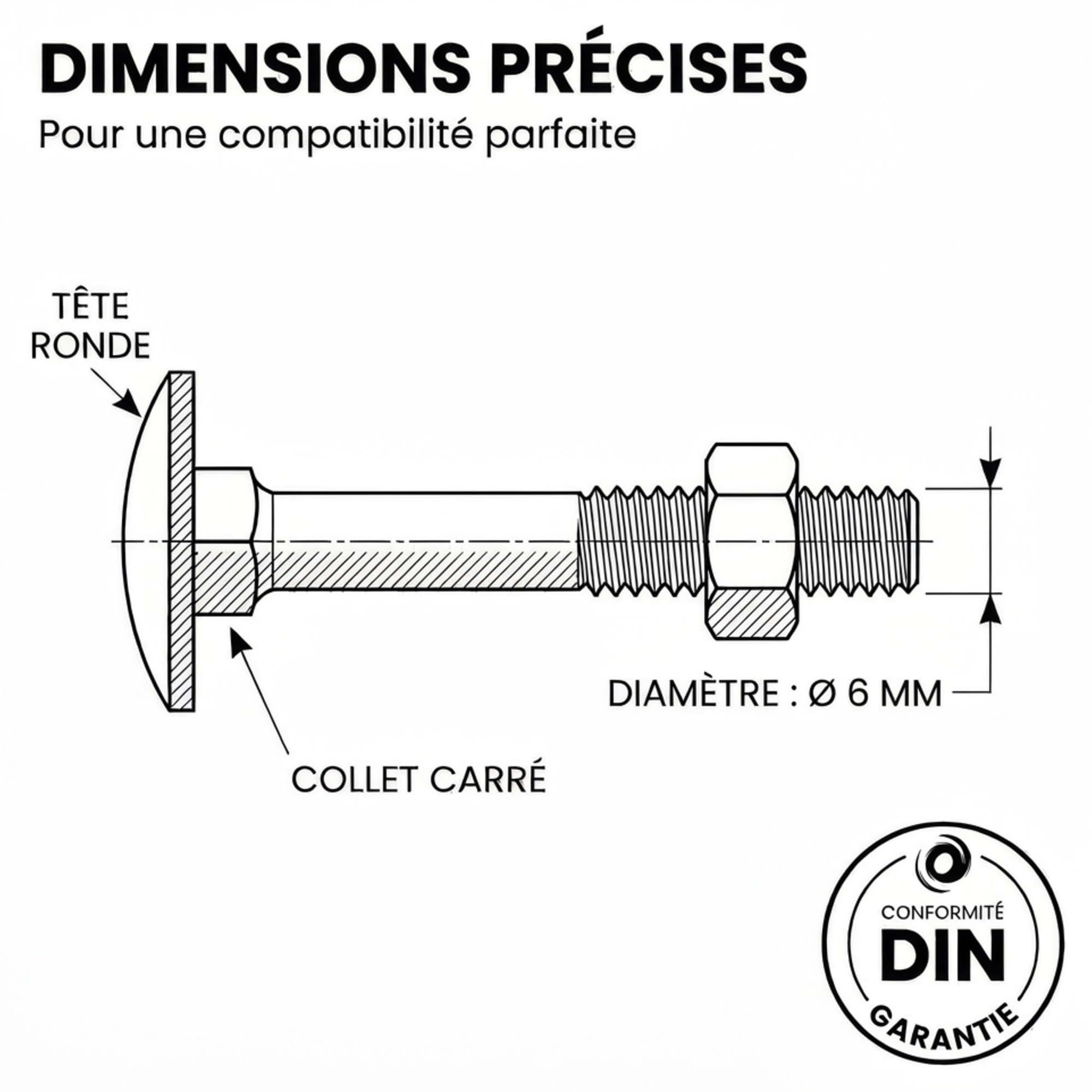 100 Boulons tête ronde collet carré DIN603/555 acier zingués Noir - diamètre 6,0 mm - Longueur 80 mm - Diamètre 6 mm