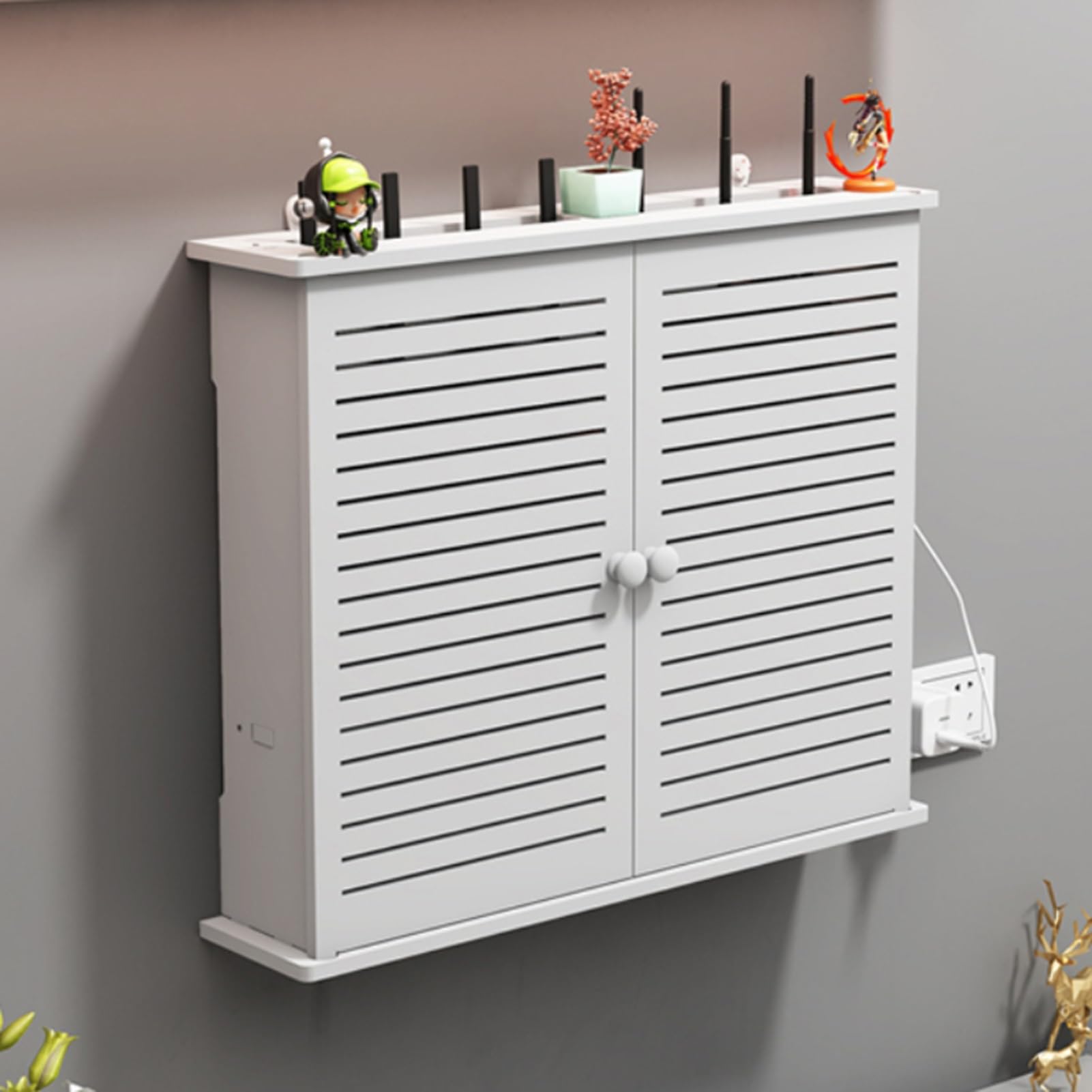 Router pudełko do przechowywania, białe, ścienne, kabel telewizyjny, białe przesuwające się regały, do salonu, modem kablowy, osłona routera, multifunkti (White A)