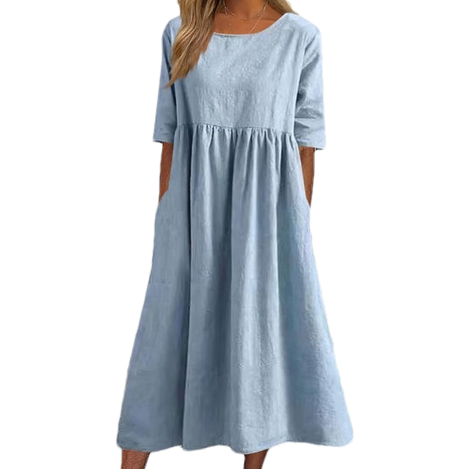 rismart Robe Femme Manches Courtes en Lin D'été A-Line Longue avec Poches