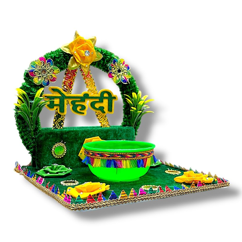 Mehndi Ceremony Decoration Thali with Bowl | Wedding Mehndi Platter for Bride | Haldi Mehndi Function Decor | Handcrafted Mehndi Rasam Tray (Green) 2