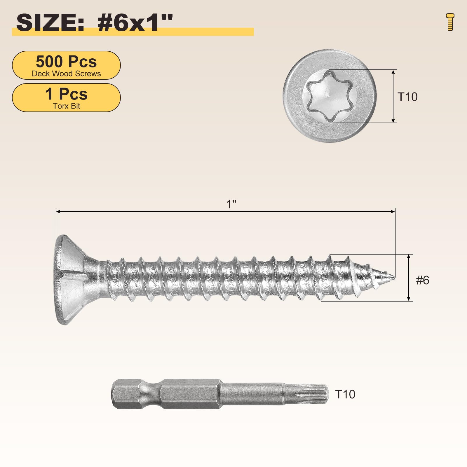 METALLIXITY Deck Screws (#6x1") 500Pcs, Carbon Steel Wood Screw Decking Screws with T10 Torx Drive Head - for Wood Fence Table, Silver - Image 2