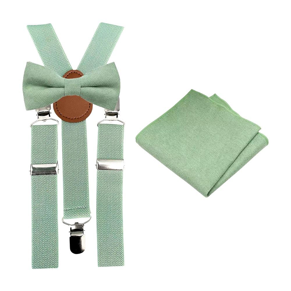 Children's Kids Boys Cotton Blend Bow Tie, Pocket Square & Braces Set (Sage Green Bow Tie & Pocket Square with Sage Green Braces)