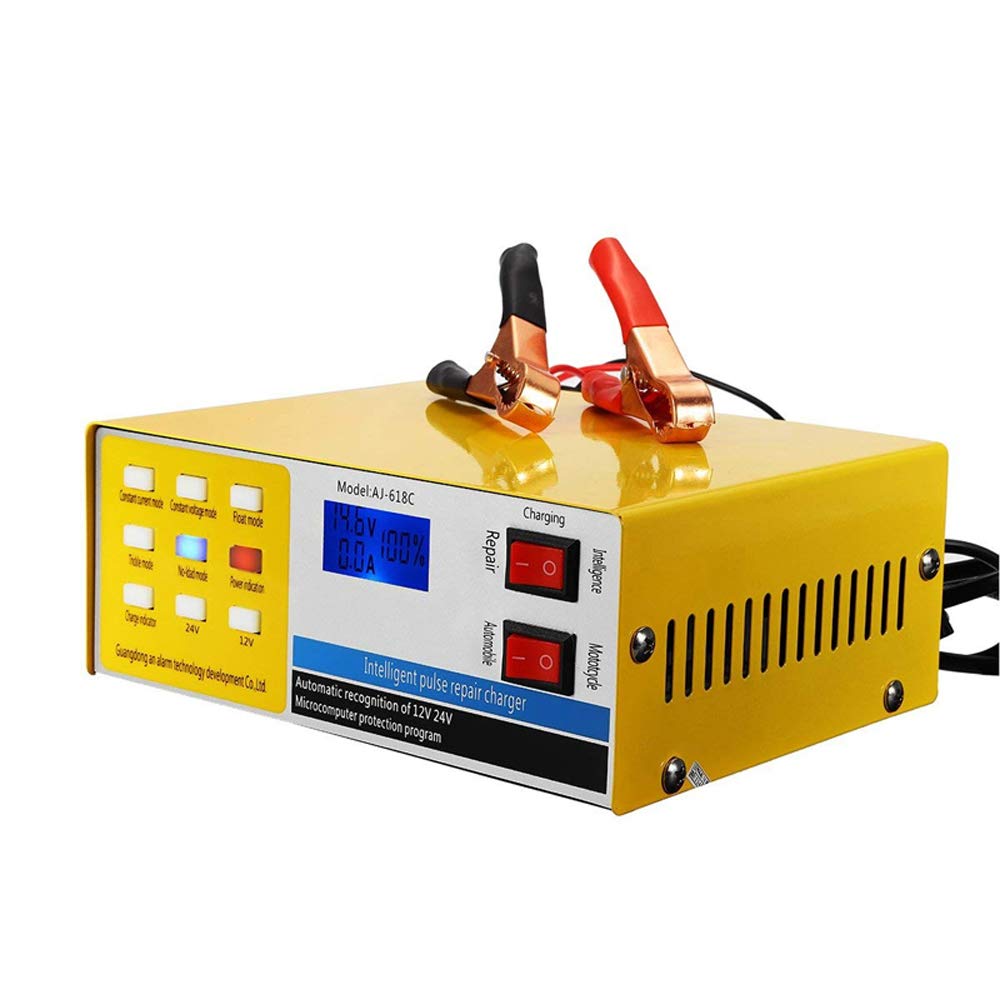 Full Automatic Battery Charger 12V/24V Electric Battery Charger Intelligent Pulse Repair Type 200AH for Motorcycle (yellow)