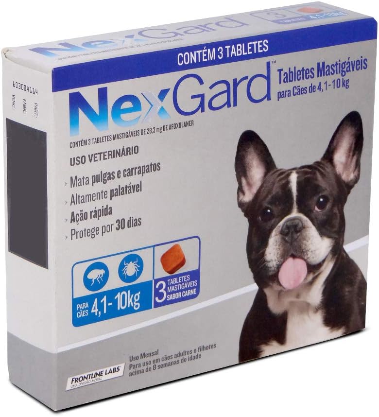 Antipulgas e Carrapatos Nexgard 1,25gr Merial p/Cães de 4,1 a 10kg - 3 Tabletes Mastigáveis