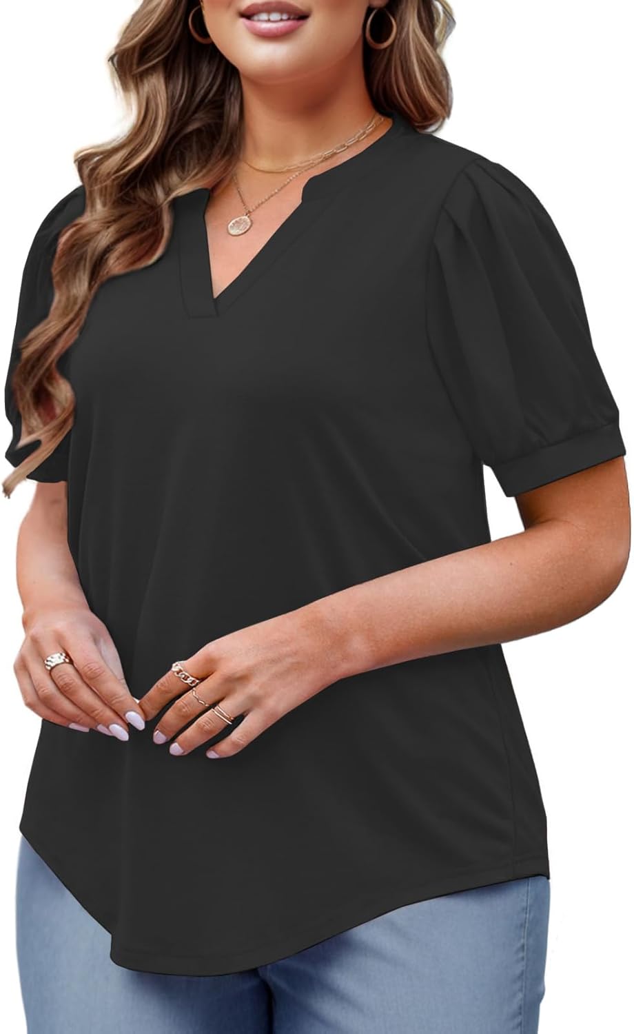 VOGRACE Womens Plus Size Tops Summer Puff Sleeve Shirts Casual Pleated Notched V Neck Tunics Tee XL-5XL - Image 3