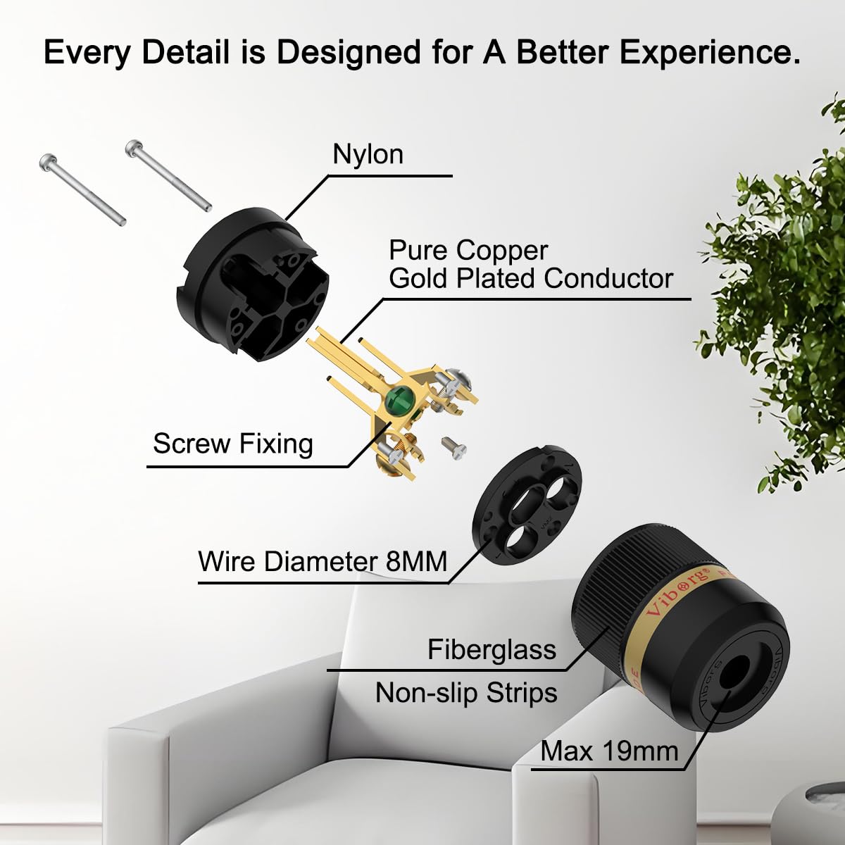 Viborg HiFi Power Plug Set VM501G+VF501 OFC Gold-Plated Non-Magnetic Glass Fiber Shell Conductive US AC Power Plug IEC C15 Connector for DIY Audiophile Power Cord