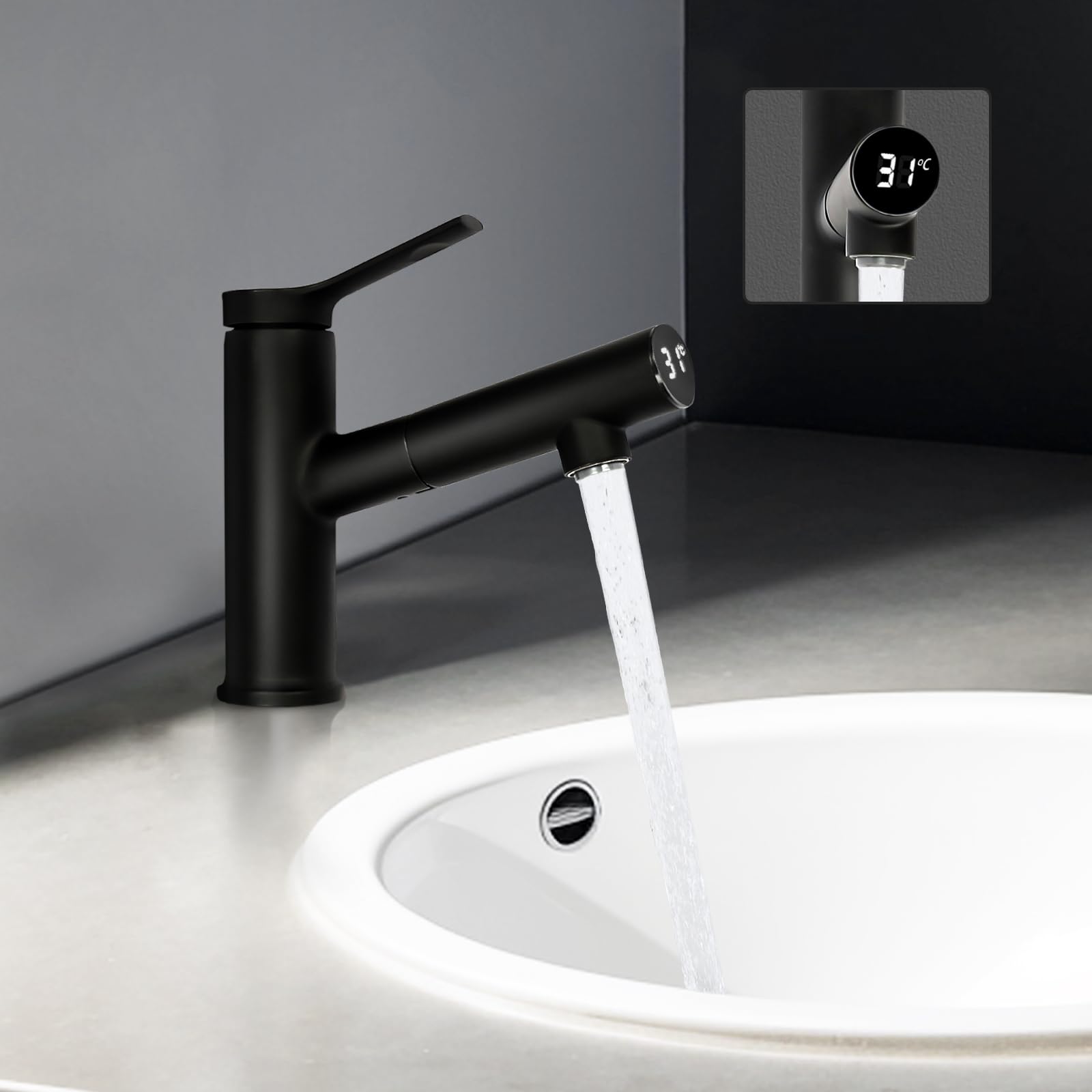 Grifo extensible con indicador de temperatura LED de latón, cartucho cerámico G1/2, monomando para agua fría y caliente, antigoteo para baño, lavabo, cocina, hotel, oficina (negro)