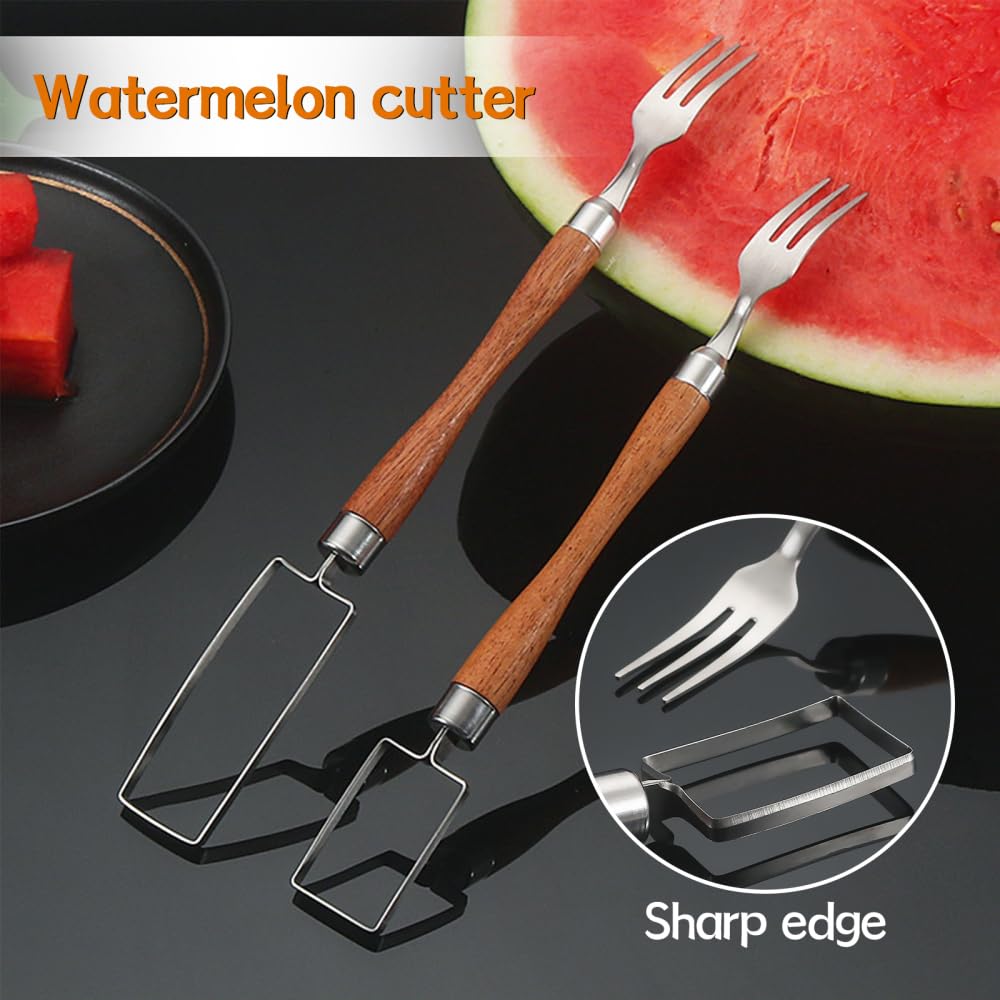 Coupe-fruits 2-en-1 En Acier Inoxydable - Fourchette à Double Tête Et Coupe-cubes - Pour Pastèque, Melon, Fruits Fermes - Lave-vaisselle Safe - 2