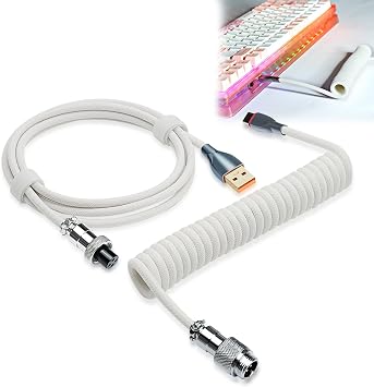 UCINNOVATE Pro Custom Coiled 1.8M USB C Cable for Gaming Keyboard, Double-Sleeved Mechanical Keyboard Cable with Detachable Metal Aviator, White