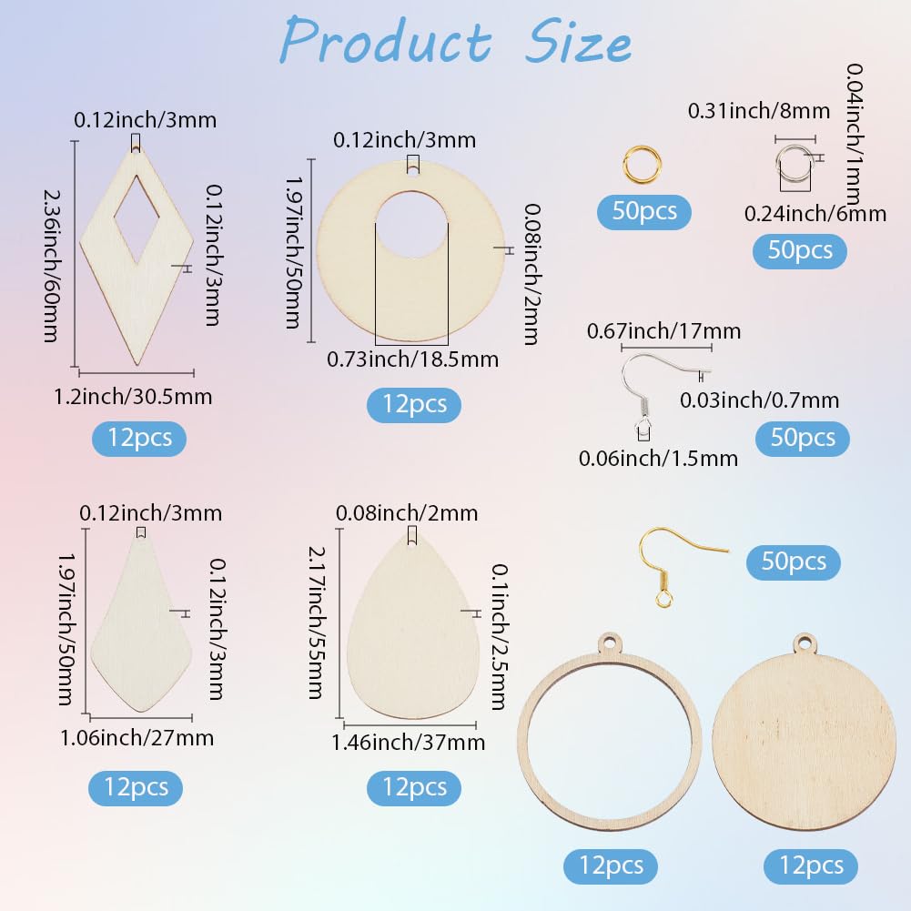SOFPLATE 272Pcs 6 Shapes Wooden Dangle Earring Making Kit Unfinished Wood Earrings Large Teardrop Circle Kite Charms Dangle Pendants Cutout with Earwire Hooks Jump Rings for Jewellery Making Crafts - Image 2