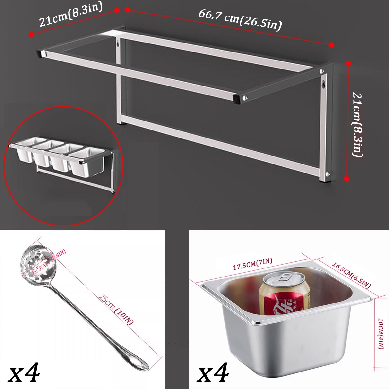 Étagère à épices murale en acier inoxydable avec poêles, couvercles et cuillère – Organiseur de cuisine peu encombrant pour assaisonnements, sauces, bocaux et fruits – Solution de rangement de