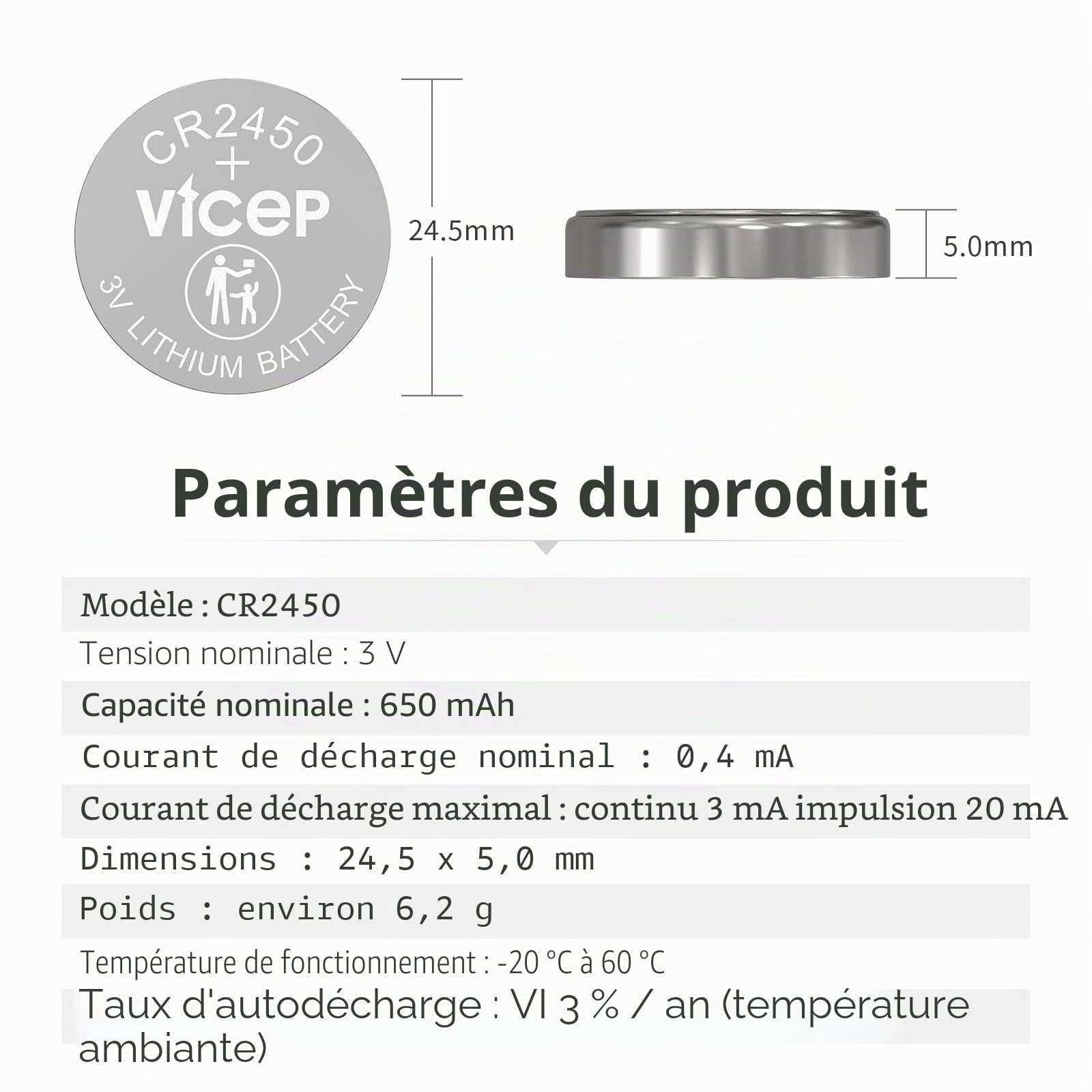 Lot de 100 Piles CR2450 Pile 2450 Lithium 3V pour Les détecteurs