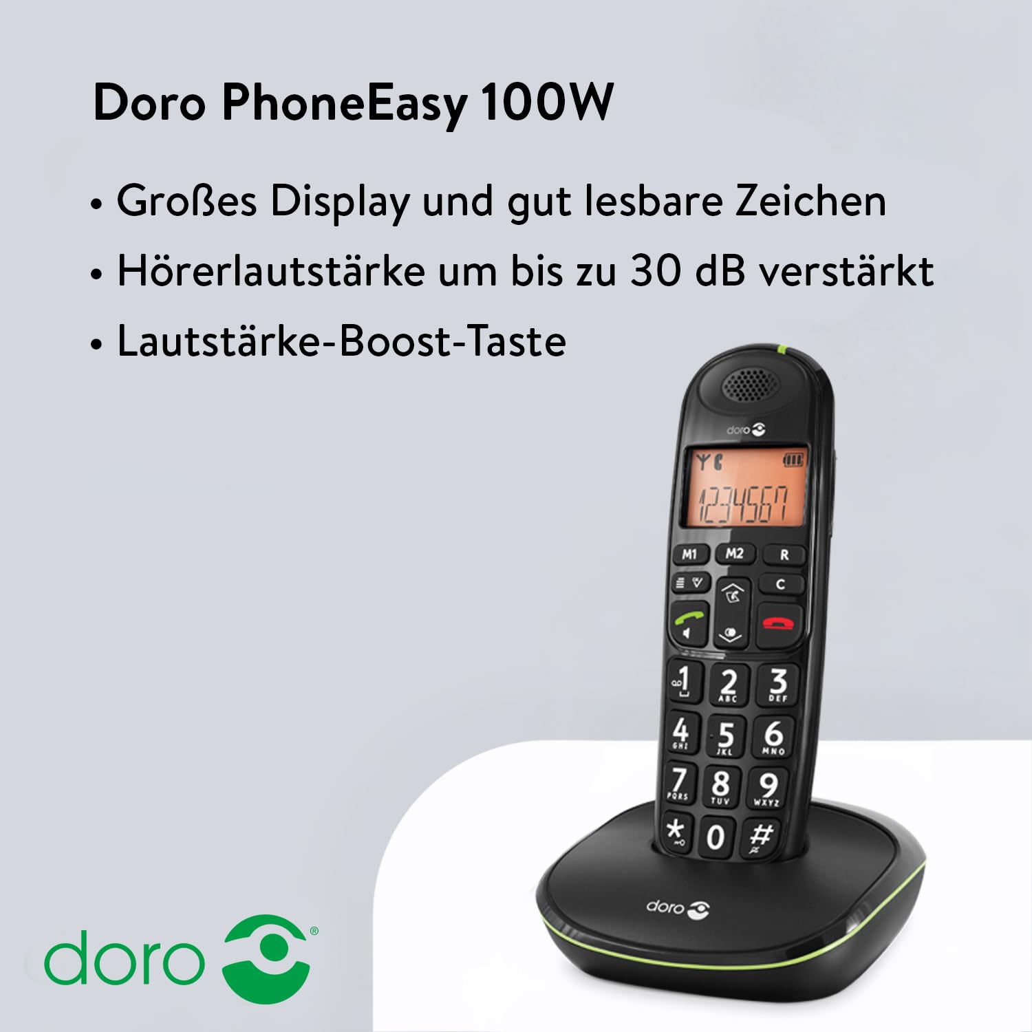 DORO - Doro PhoneEasy 100w - Schnurloses Festnetztelefon - Große Displayanzeige - Extra große Tasten - Freisprechfunktion - Lauter Klingelton - Lautstärkeregler - Schwarz
