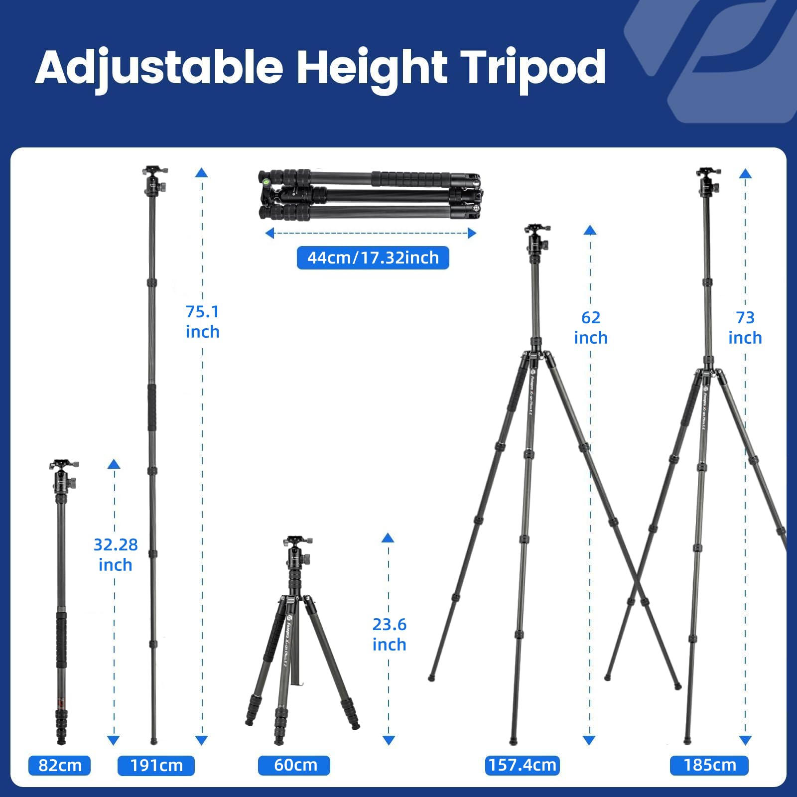Fotopro Statyw z włókna węglowego 185 cm do aparatu, kompaktowy statyw podróżny z głowicą kulową, zdejmowany monopod z płytą szybkiego zwalniania i torbą na aparat, nośność do 10 kg, stojak